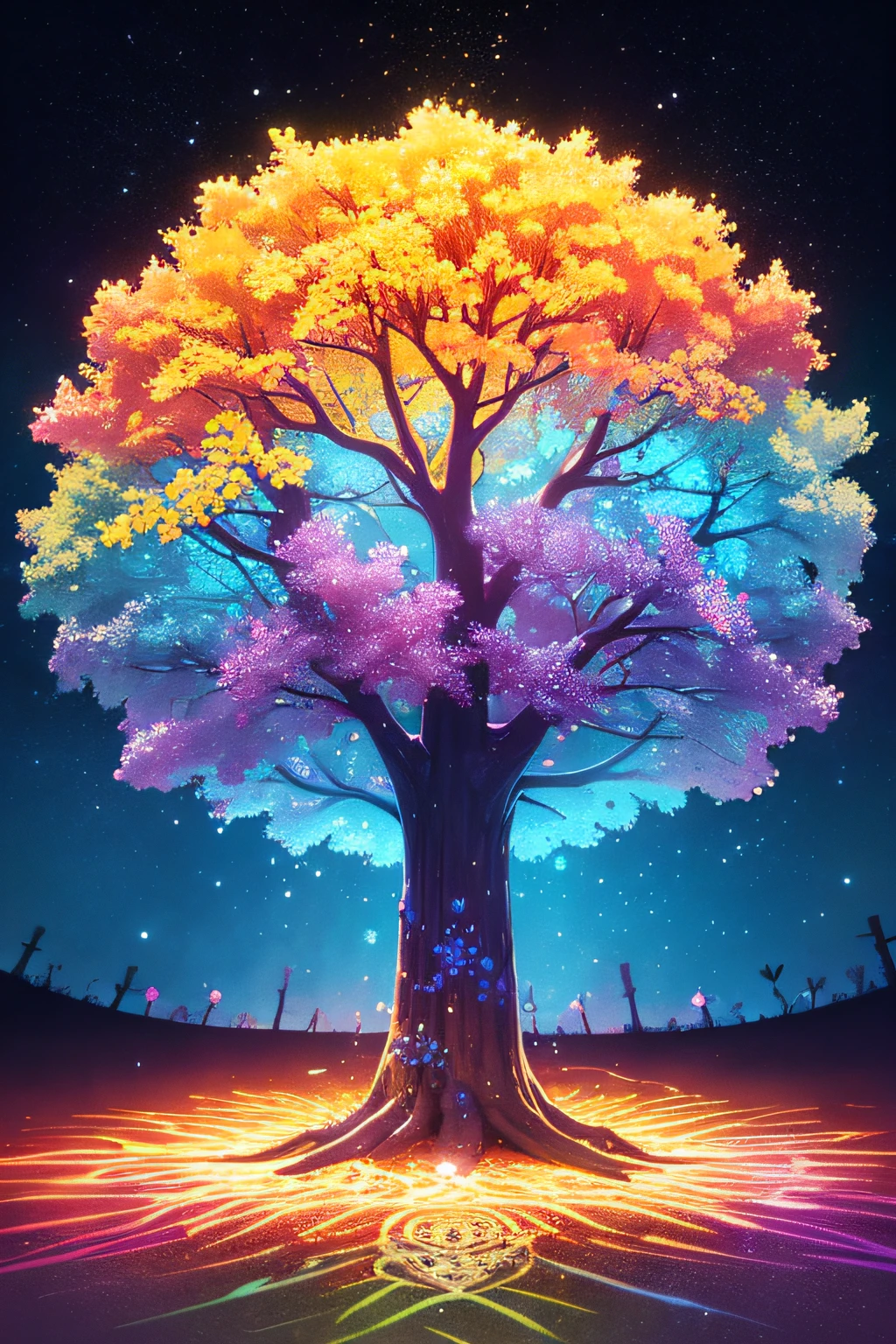 A beautiful, detailed, textured tree of life with lots of light , Swirls of colour and coloured powder