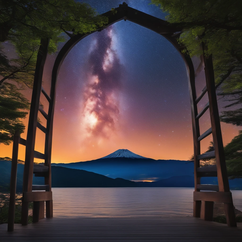 Master Parts、Superior Quality、superior image quality、The 8k quality、、Beautiful pictures of the starry sky、magnifica、Arched Milky Way、Mt fuji、torii gate、mare
