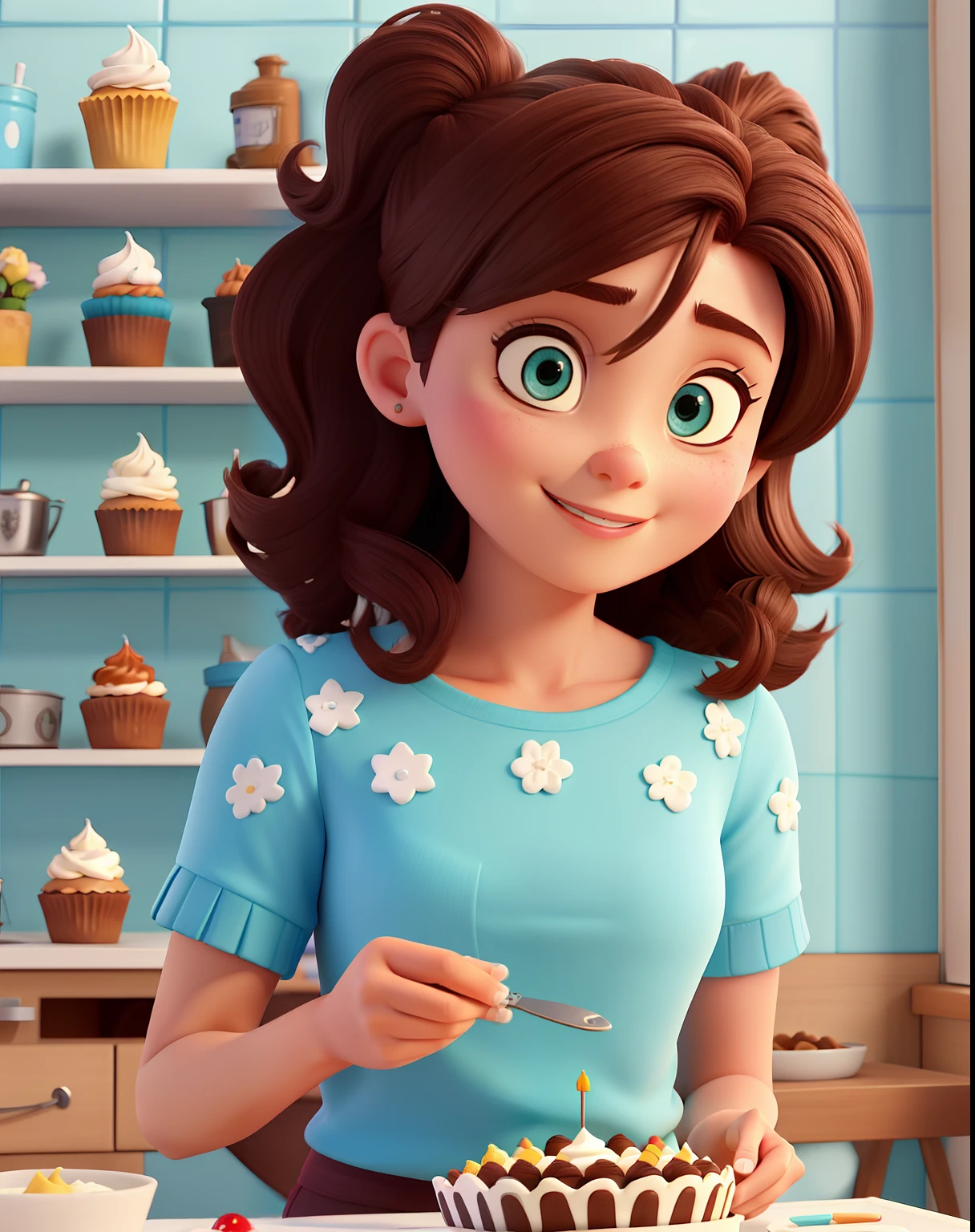 Poster 3D inspirado na Disney Pixar capturando uma cena com uma mulher de 40 anos, pele clara, olhos castanhos claros e cabelo comprido cacheado castanho claro , na boca sorridente batom marrom, vestindo um avental bege e roxo , em uma cozinha moderna com azulejo cinza na parede, e na parede com prateleiras com quadros e batedeira,She's decorating a cake in whipped cream, em cima da mesa com cupcakes e brigadeiros