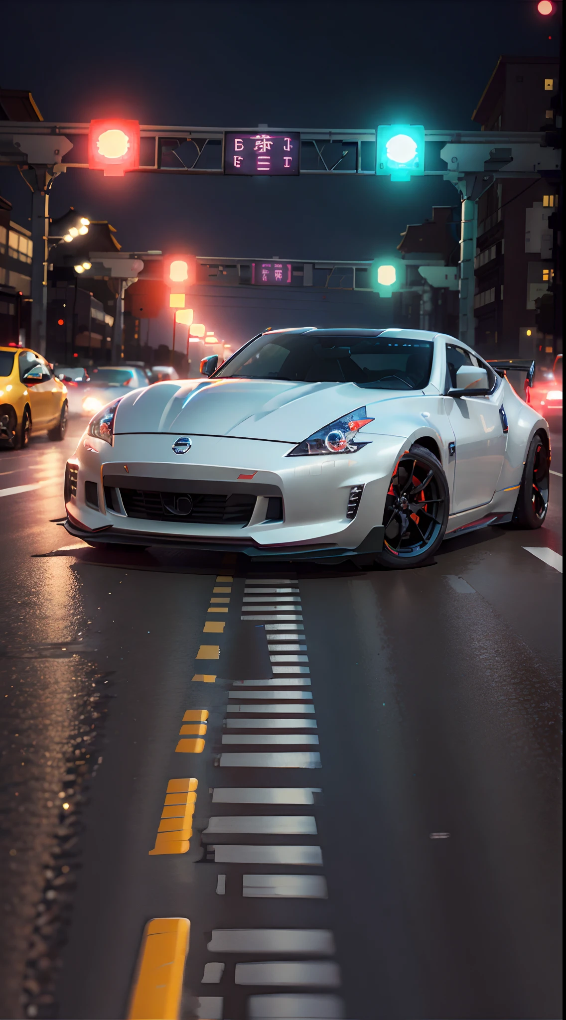 nissan 370z, in the tokyo city,  HLD Style, neon colors, close-up photoshoot