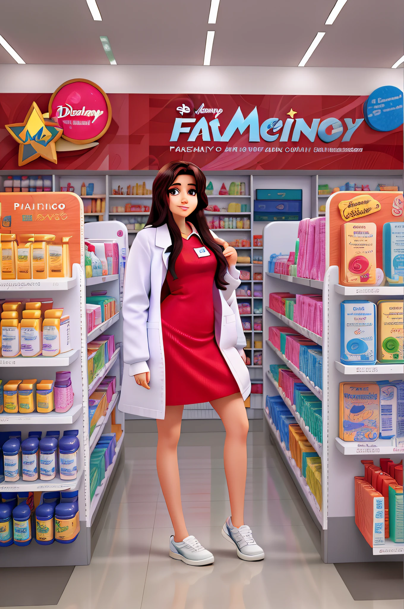 MULHER ESTILO DISNEY PIX, ALTA QUALIDADE, FUNDO FARMACEUTICO, MEDICAMENTOS, JALECO BRANCO