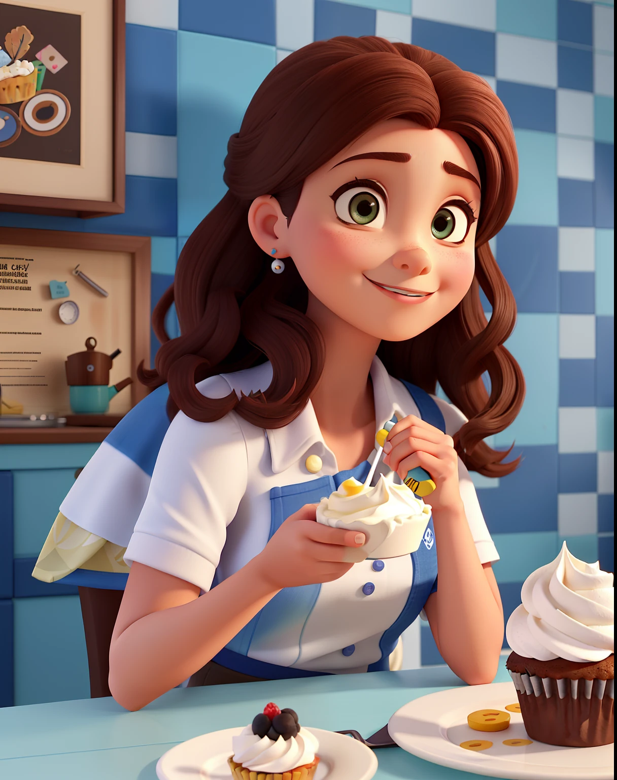 Poster 3D inspirado na Disney Pixar capturando uma cena com uma mulher de 40 anos, pele clara, olhos castanhos claros e cabelo comprido cacheado castanho claro , na boca sorridente batom marrom, vestindo um avental bege e roxo , em uma cozinha moderna com azulejo cinza na parede, e na parede com prateleiras com quadros e batedeira,She's decorating a cake in whipped cream, em cima da mesa com cupcakes e brigadeiros