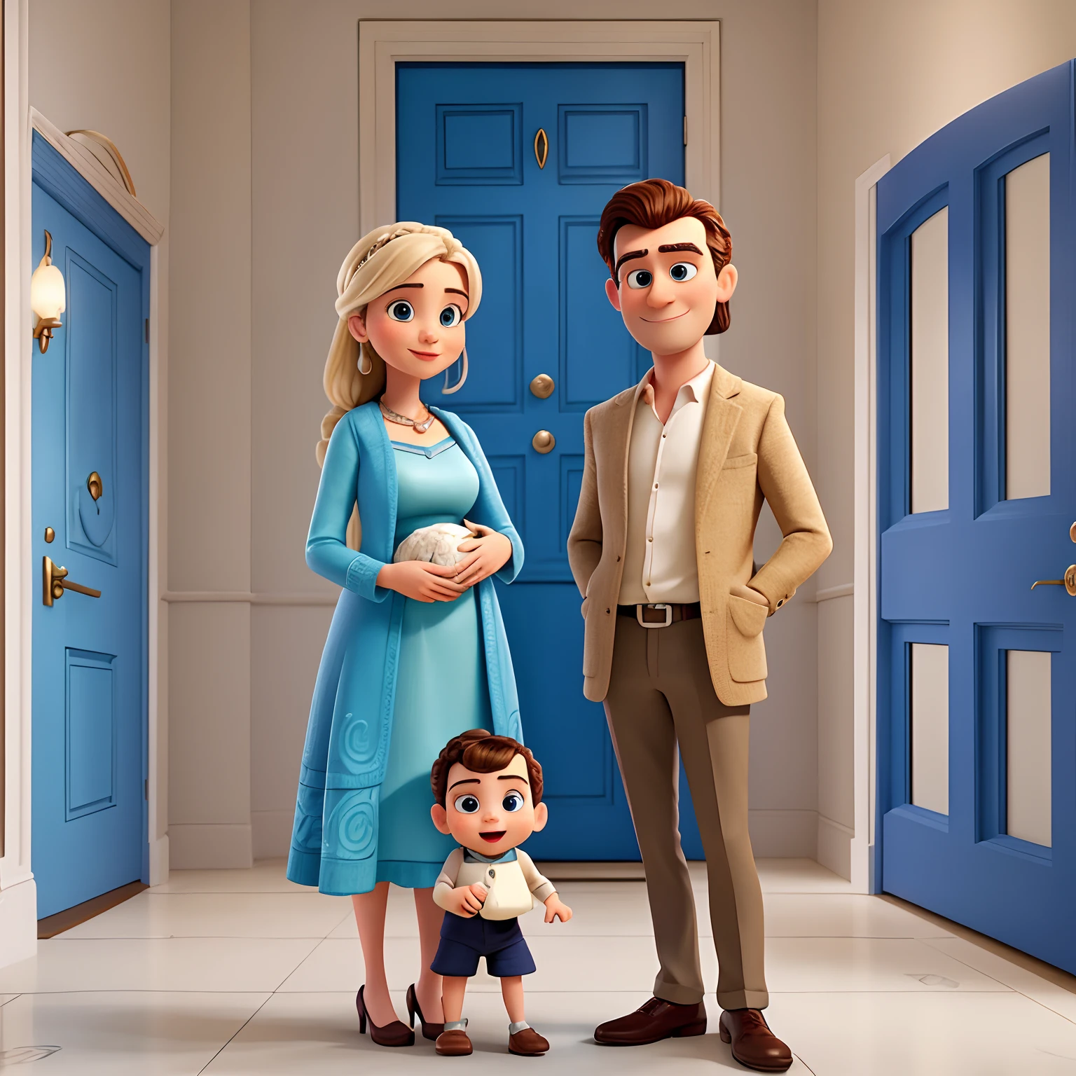 A elegant and rich Irish couple holding a baby inspired by Pixar animation, de perto. The character takes center stage with captivating and happy facial expressions, oferecendo um toque de irrealidade. Ao fundo, A hall of an apartment building with a blue door.