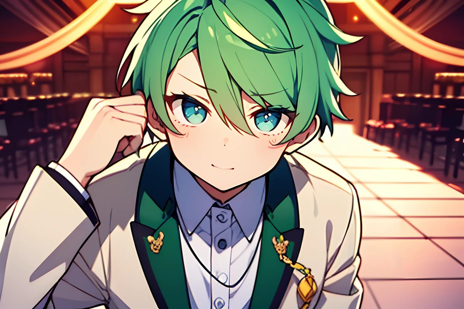 1 boy、Beautiful expression、Anime boy with green hair and green eyes staring at the camera、Glowing green eyes、slim、Cool、a cool、Mouth that opens slightly、Pure white suit、delighted、wedding hall、(Upper body only)