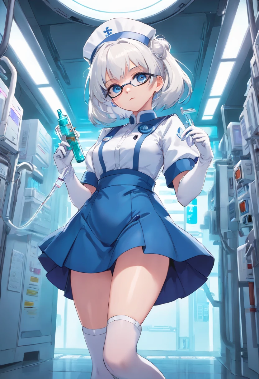 Cyberpunk style lolita glasses girl white hair blue eyes tight nurse uniform B cup extrusion dew point white stockings white high heels holding an injection syringe in the hand background in a cyberpunk mechanical hospital full-body angle