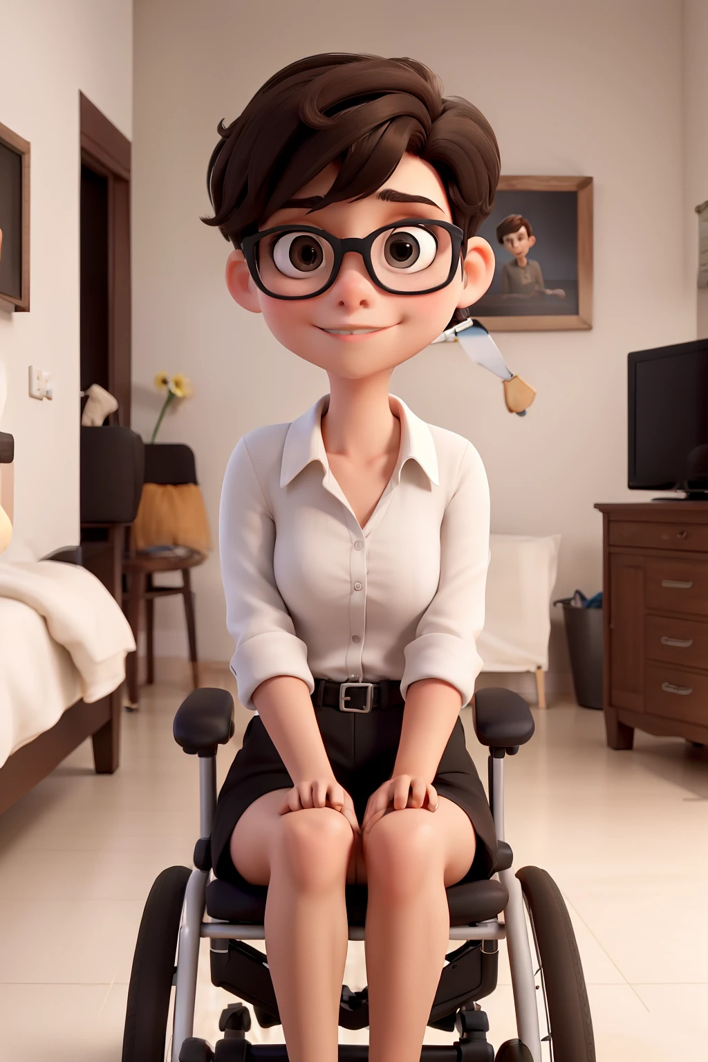 Obra-prima, de melhor qualidade, A white girl with short dark brown hair pixie style, Wearing black glasses in a wheelchair in the bedroom