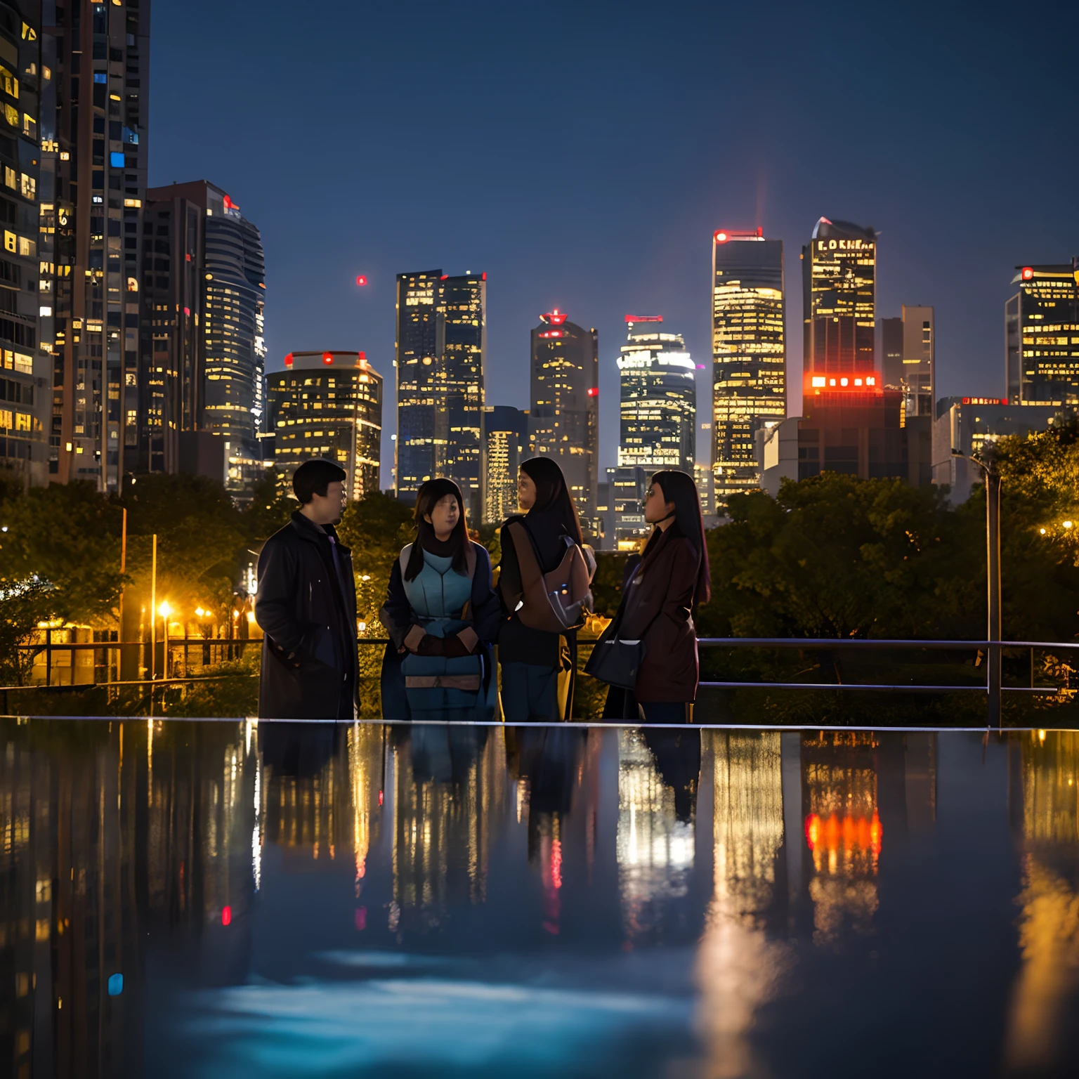 Downtown at night,Photograph of two men and two women,realistic landscape,Cheating scene