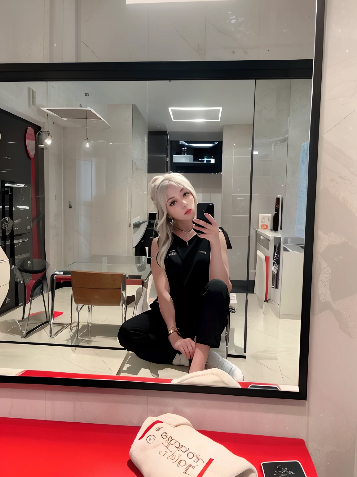 There's a woman sitting at a red table in front of a mirror, reflexo do telefone na viseira, Reflexo do iPhone na viseira, em frente a um espelho, sitting on a lab table, em uma academia, Directed by: Emma Andijewska, selfie espelho, em um planeta fitness, Directed by: David Ruby, bela vista, estilo esportivo profissional
