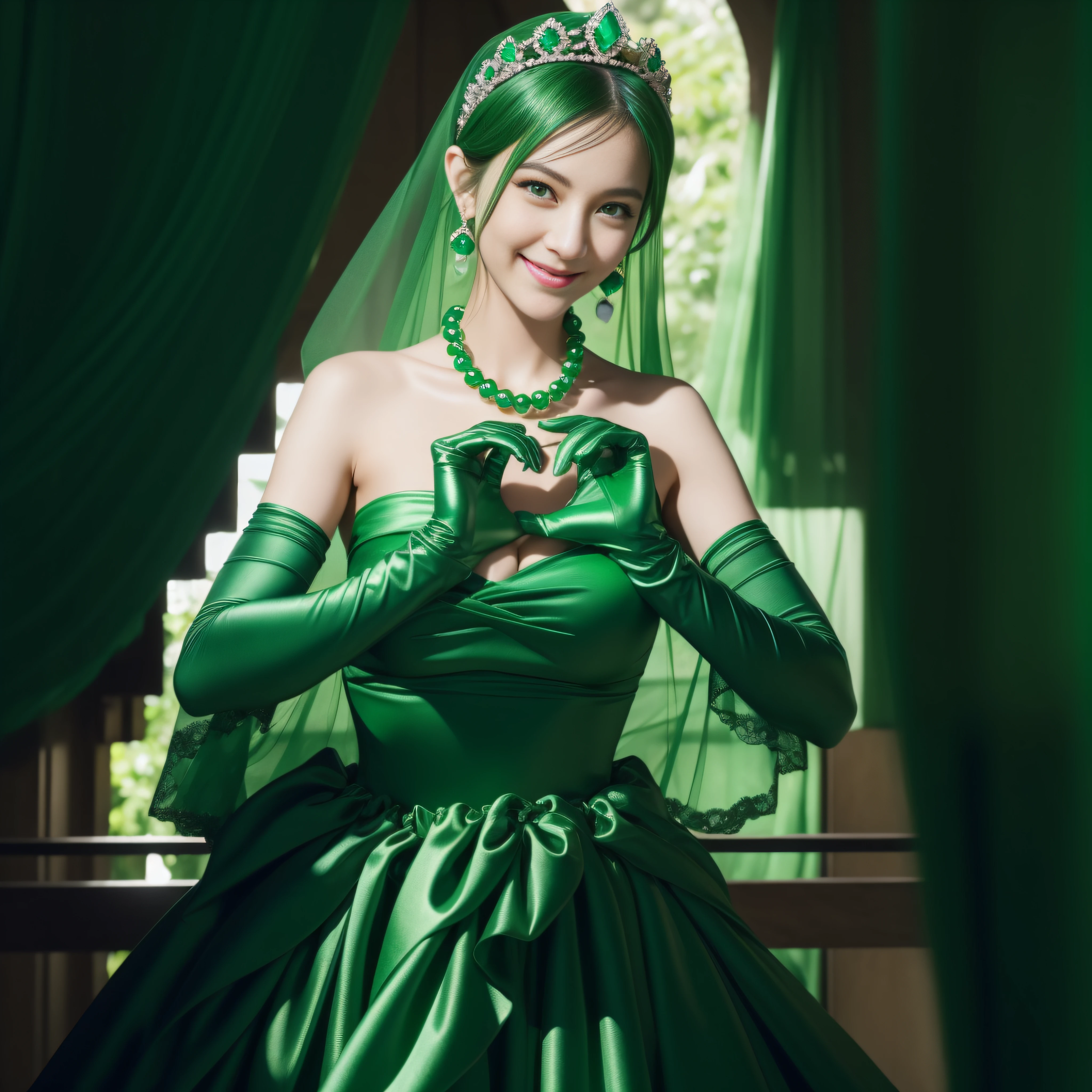 emerald tiara, Green Pearl Necklace, Boyish very short black hair, lipsticks, Japan woman smiling, very short short hair,  big breasts beautiful, Green eyes, Long green gloves made of satin material, Green eyes, Emerald Earrings, green vale, Heart with both hands