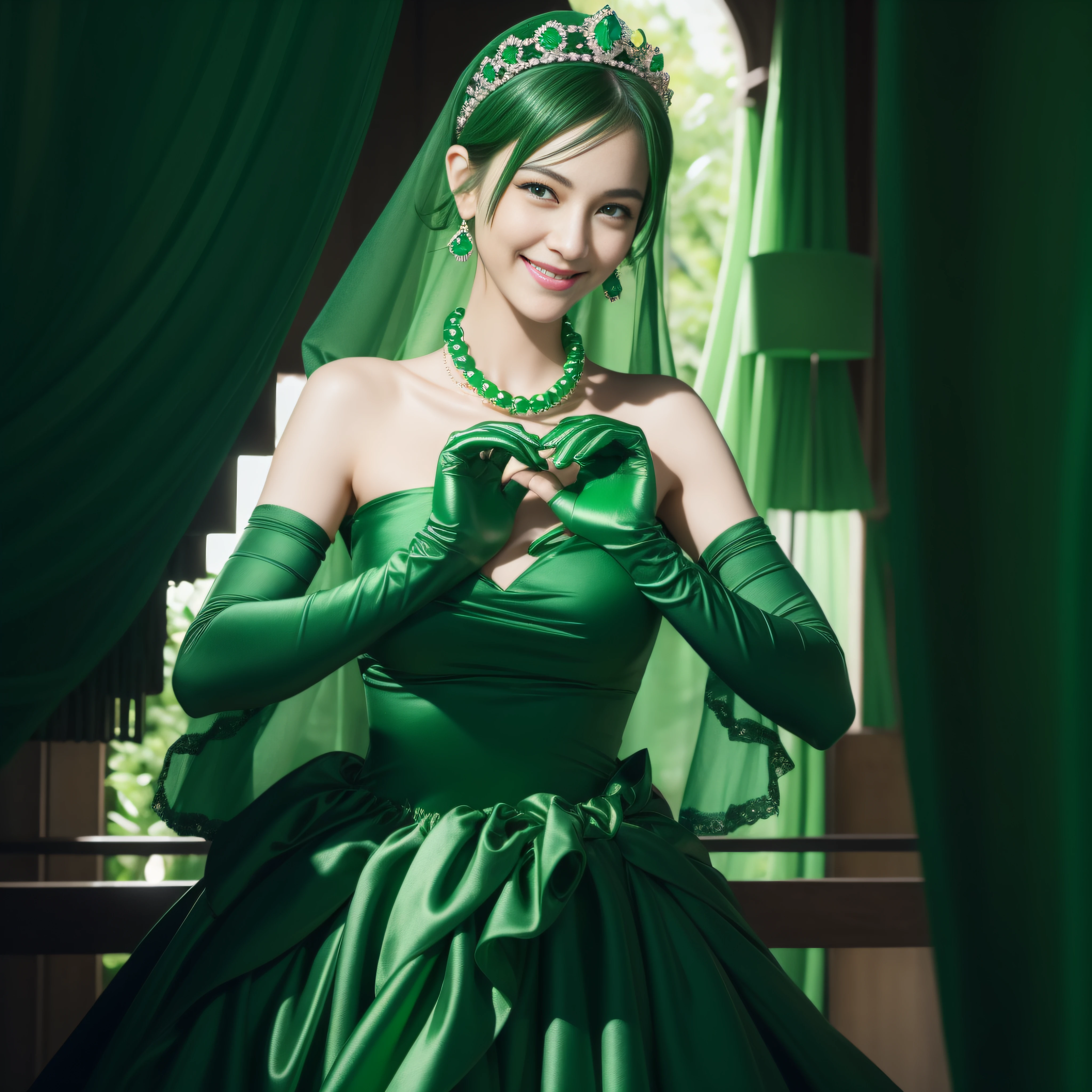 emerald tiara, Green Pearl Necklace, Boyish very short black hair, lipsticks, Japan woman smiling, very short short hair,  big breasts beautiful, Green eyes, Long green gloves made of satin material, Green eyes, Emerald Earrings, green vale, Heart with both hands