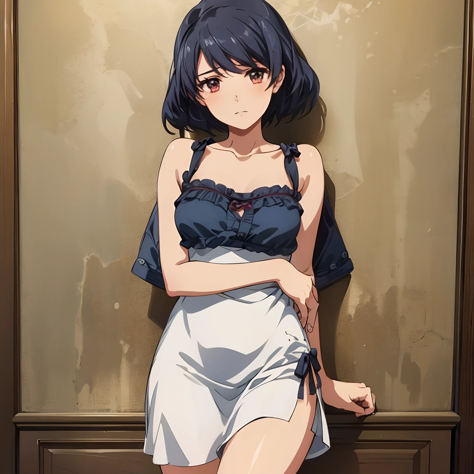 1girl, solo, masterpiece, leaning on wall, looking at viewer.