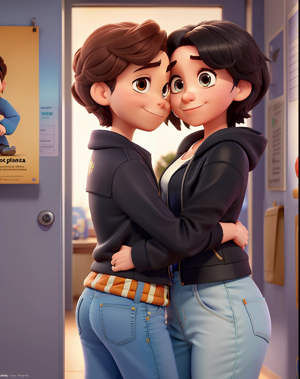 A poster of the Disney Pixar-inspired film with the title "CASAL DO KARALHO", "The characters are two young men, sendo uma garota e um garoto, ele mais alto que ela, wears a black jacket and jeans, She wears a black jumpsuit, She has short hair in the size that goes down to her shoulder, ele usa bone, ambos com 20 anos"vA cena deve ser no estilo de arte digital da Pixar, Focus on character expressions, Vibrant colors and detailed texture that are characteristics of its title animations.