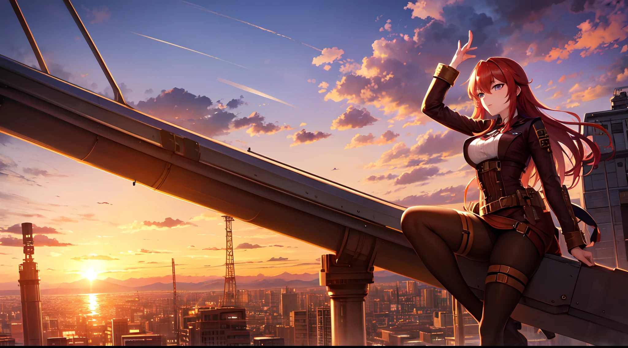 steampunk scenery, redhead girl working on an antena in top of a building, sunsetting, industrial lake refleting the sunset, rockets flying in the horizon
