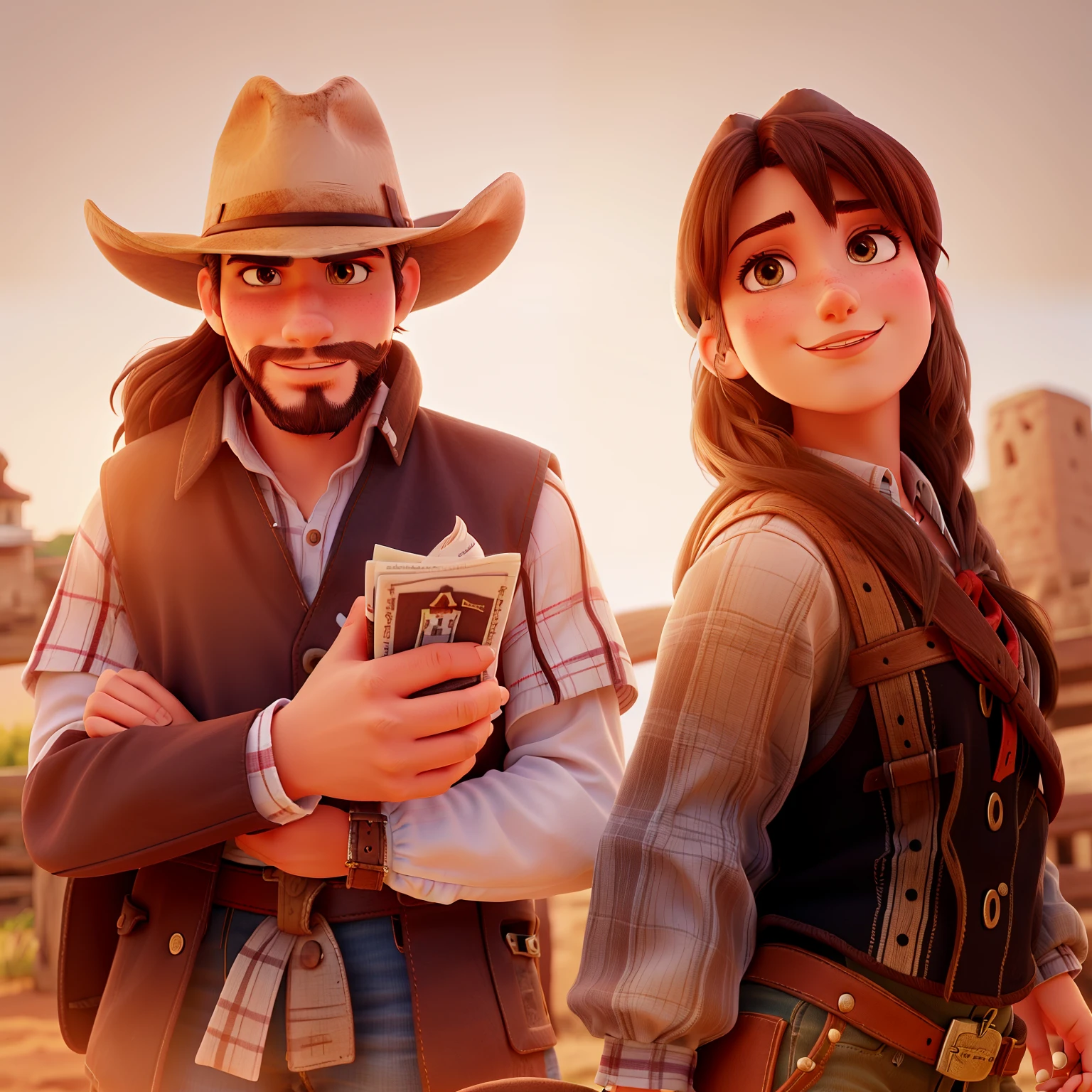 Create a brunette cowboy with a hat with a cross on the side of the hat and a white cowgirl with thick lips with the writing tips of the Cowboy in front of the image high quality best quality