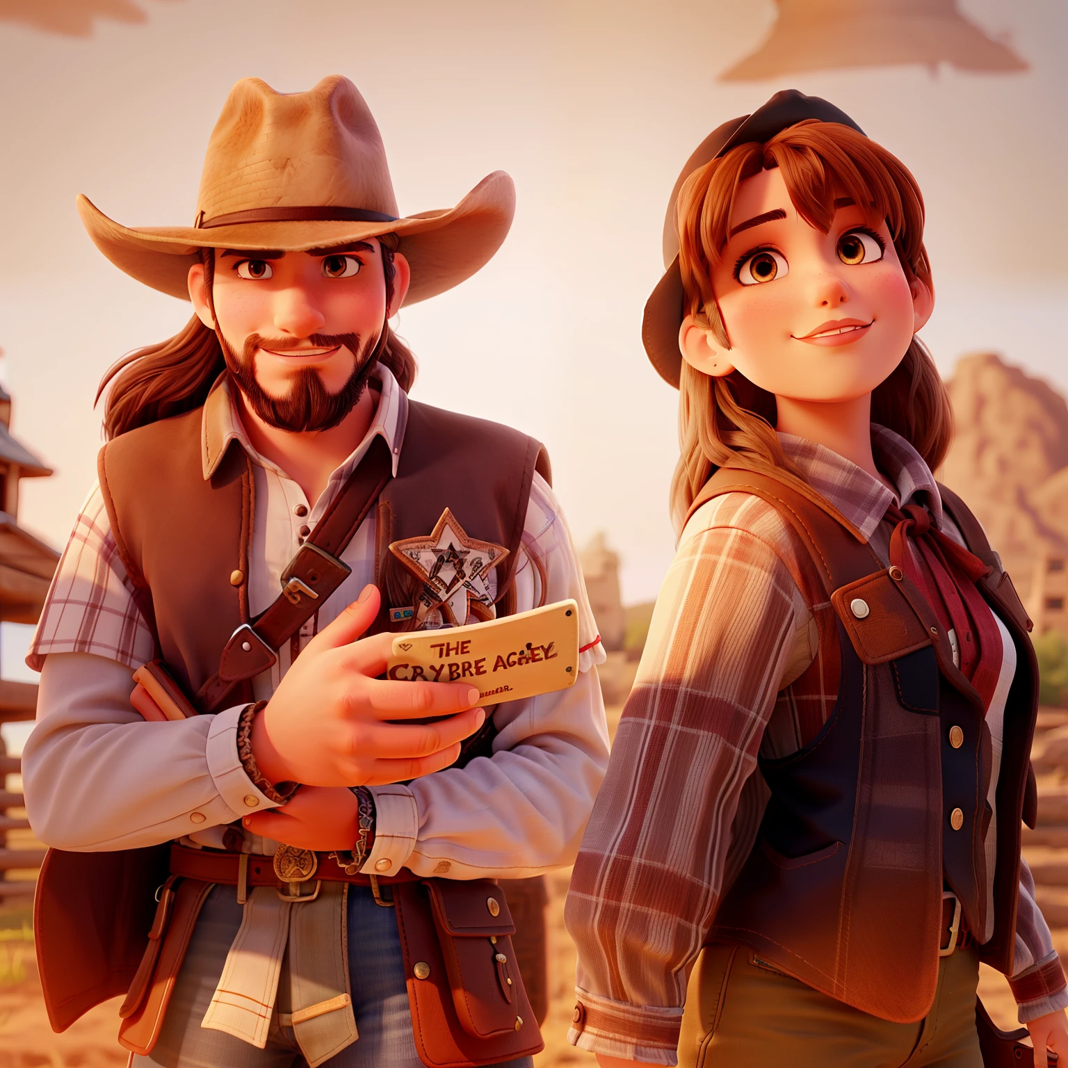 Create a brunette cowboy with a hat with a cross on the side of the hat and a white cowgirl with thick lips with the writing tips of the Cowboy in front of the image high quality best quality