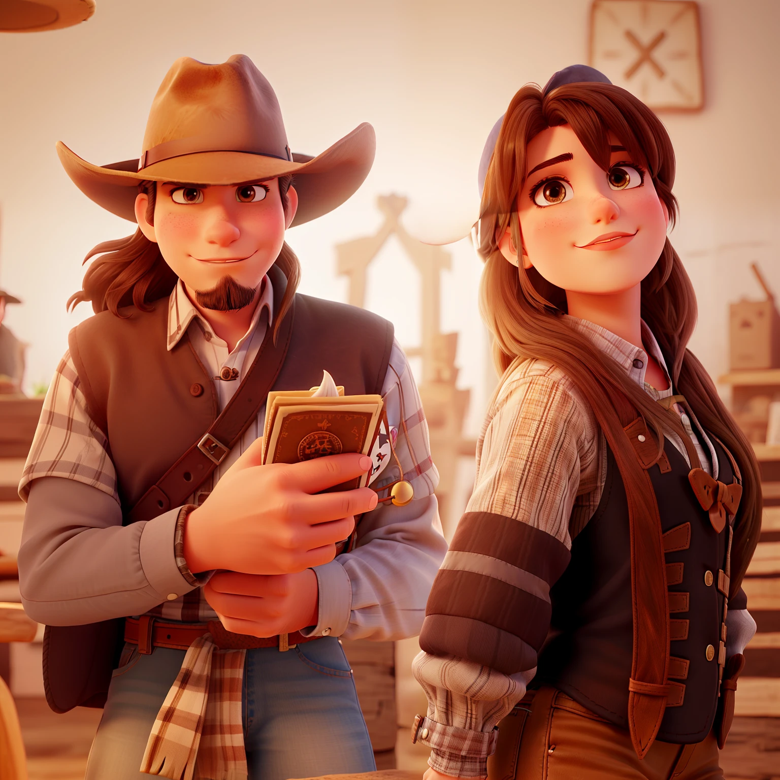 Create a brunette cowboy with a hat with a cross on the side of the hat and a white cowgirl with thick lips with the writing tips of the Cowboy in front of the image high quality best quality