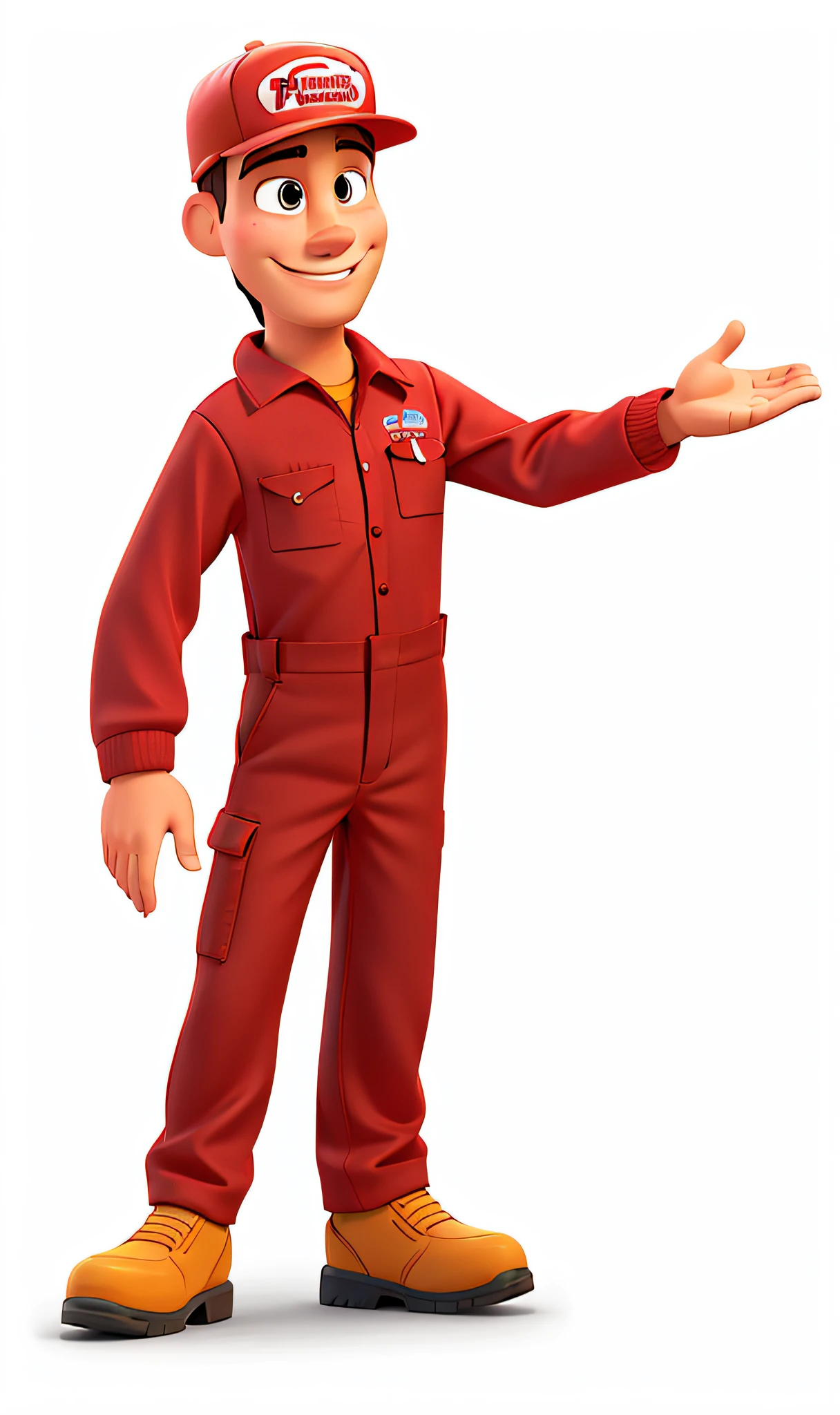 Estilo disney pixar, Smiling man in mechanic red uniform jumpsuit with scenery in cars environment, Machine shop, alta qualidade