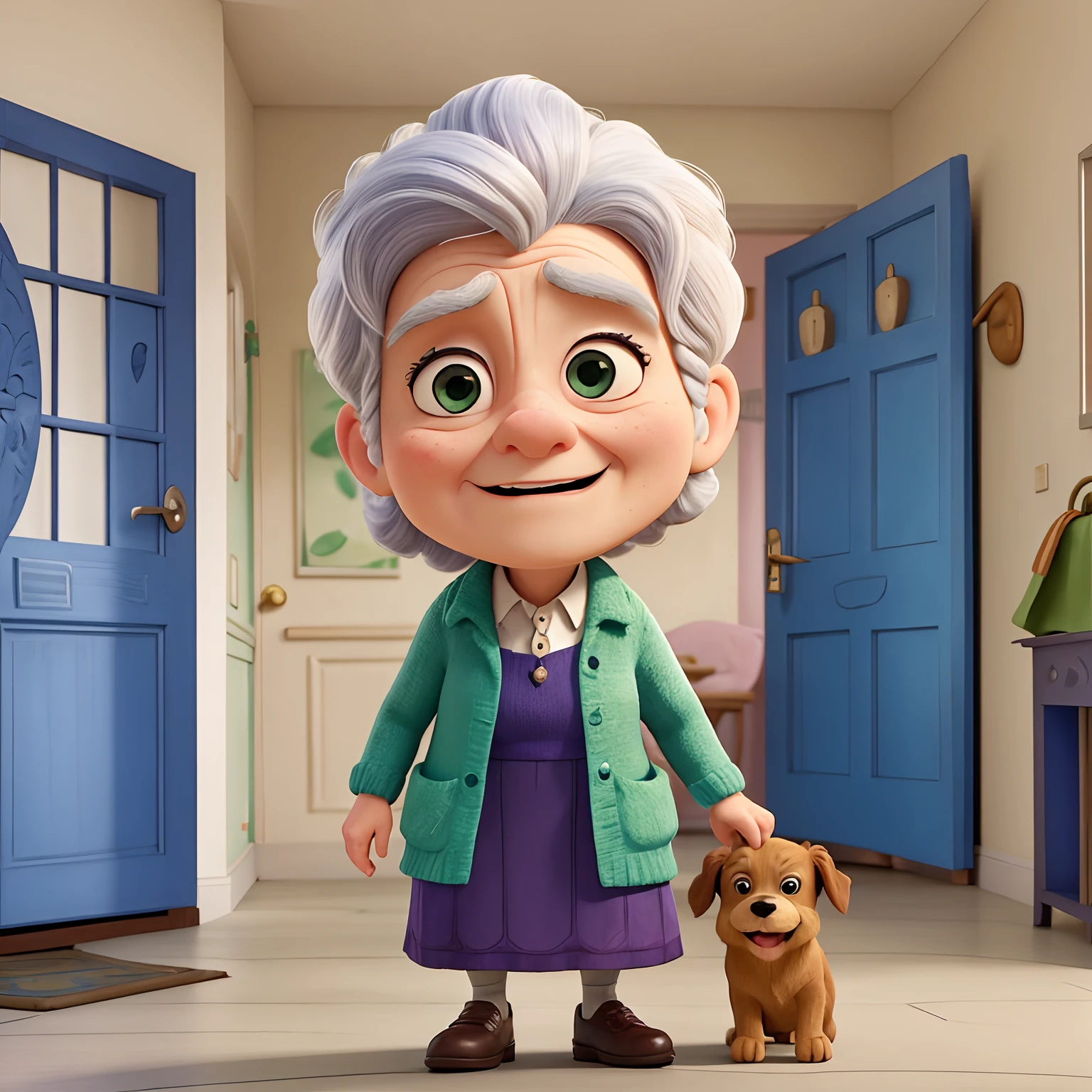 An Irish elderly lady inspired by the Pixar animation, de perto. The character takes center stage with captivating and happy facial expressions, oferecendo um toque de irrealidade. Ao fundo, A hall of an apartment building with a blue door. Outro personagem, homem jovem, loiro, With an ivy in his hand with pained facial expression. The dog is biting the man.