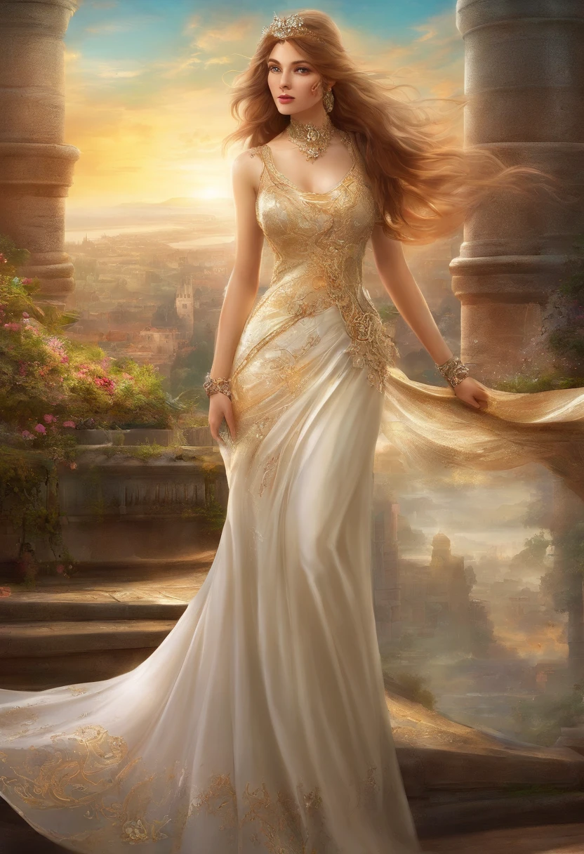 Model shooting style, (extremely detailed CG Unity 8k wallpaper), full-shot body photo of the most beautiful artwork in the world, stunning beautiful photo realistic available, super realistic super detailed photo, a beautiful girl as a female dancer entering the Loggia dei Lanzi of Florence,complex dress, banquet, crowd, [slight smile], (Sculpture of Hercules background), (princess eyes, shining pupils), detailed symmetrical beautiful hazel eyes, detailed gorgeous face, highly detailed, Vibrant, professional majestic oil painting by Ed Blinkey, Atey Ghailan, Studio Ghibli, Jeremy Mann, Greg Manchess, Antonio Moro, ArtStation Trends, CGSociety Trends, Complex, High Detail, Sharp Focus, Dramatic, Realistic Painting Art, by Midjourney and Greg Written by Rutkowski