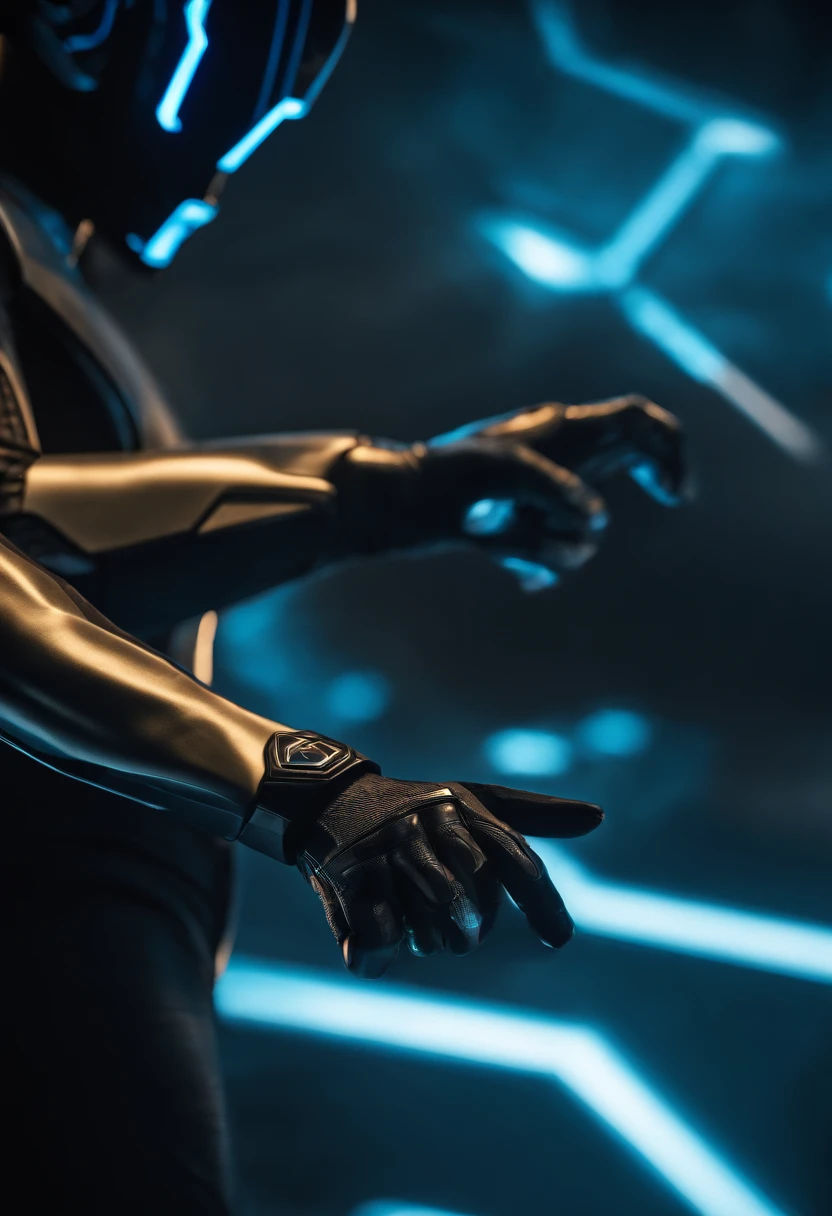 Tron Combined with John Wick, tron legacy, battle pose, crystal clear image, intricate details, close up, battle scars, black and blue themed, simulation world