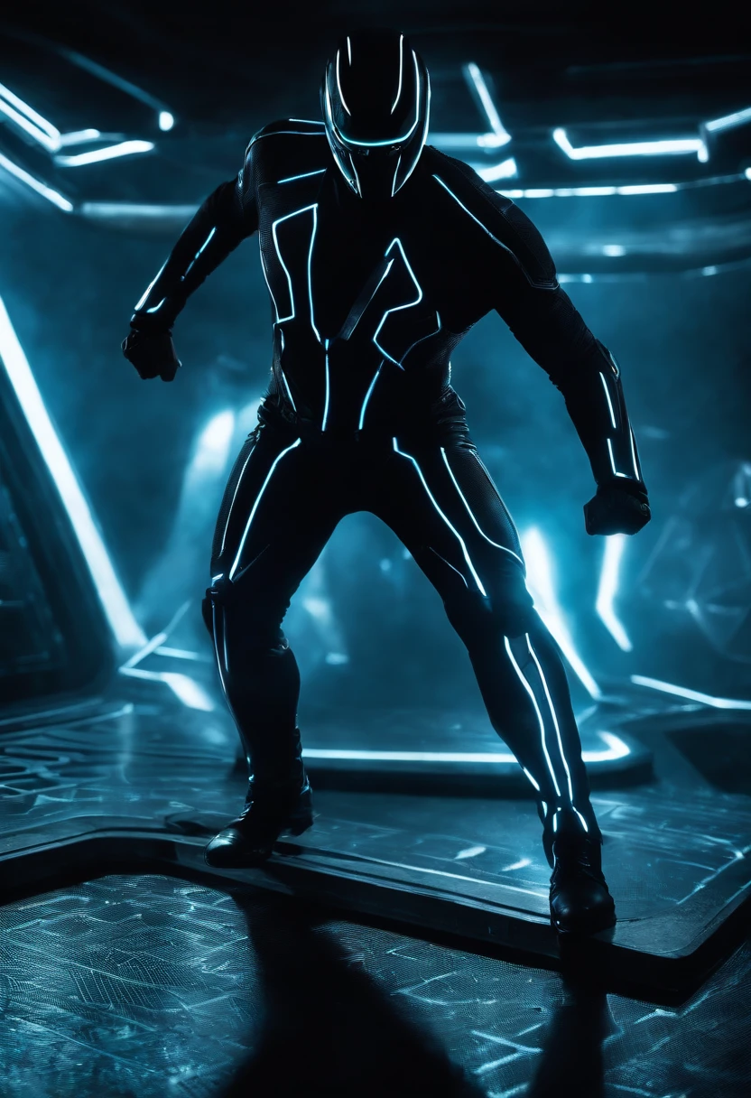 Tron Combined with John Wick, tron legacy, battle pose, crystal clear image, intricate details, close up, battle scars, black and blue themed, simulation world