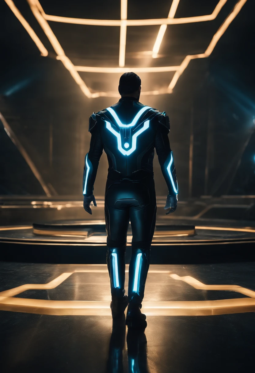 Tron Combined with John Wick, tron legacy, battle pose, crystal clear image, intricate details, close up, battle scars, black and blue themed, simulation world