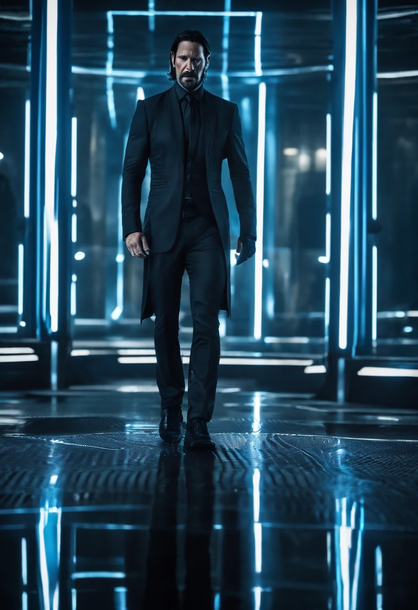 Tron Combined with John Wick, tron legacy, battle pose, crystal clear image, intricate details, close up, battle scars, black and blue themed, simulation world
