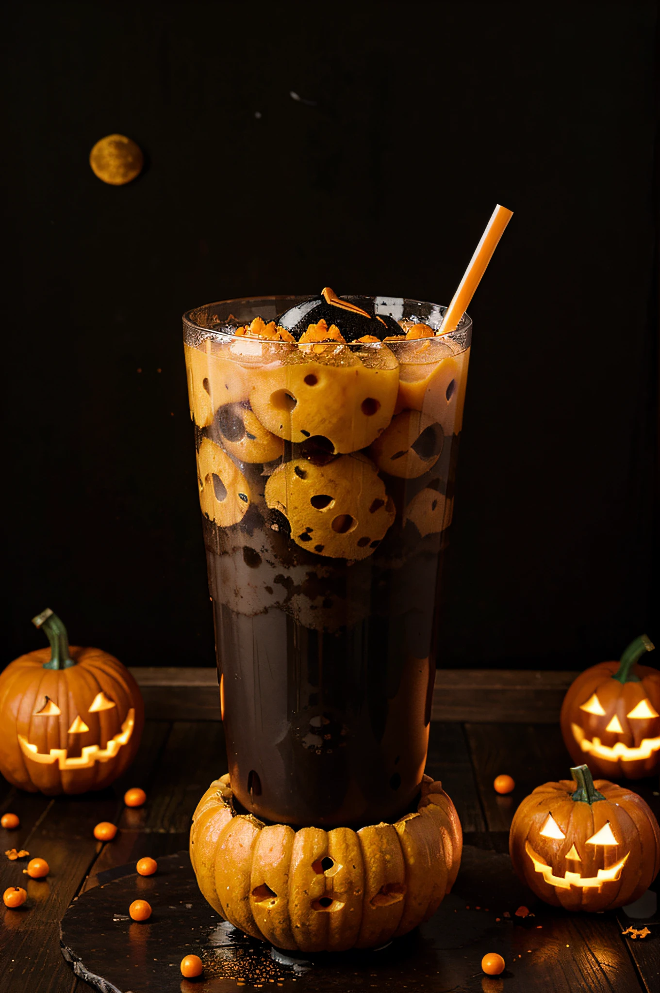 Dark Bubble Tea with orange bubbles Halloween Moon Pumpkins no Background