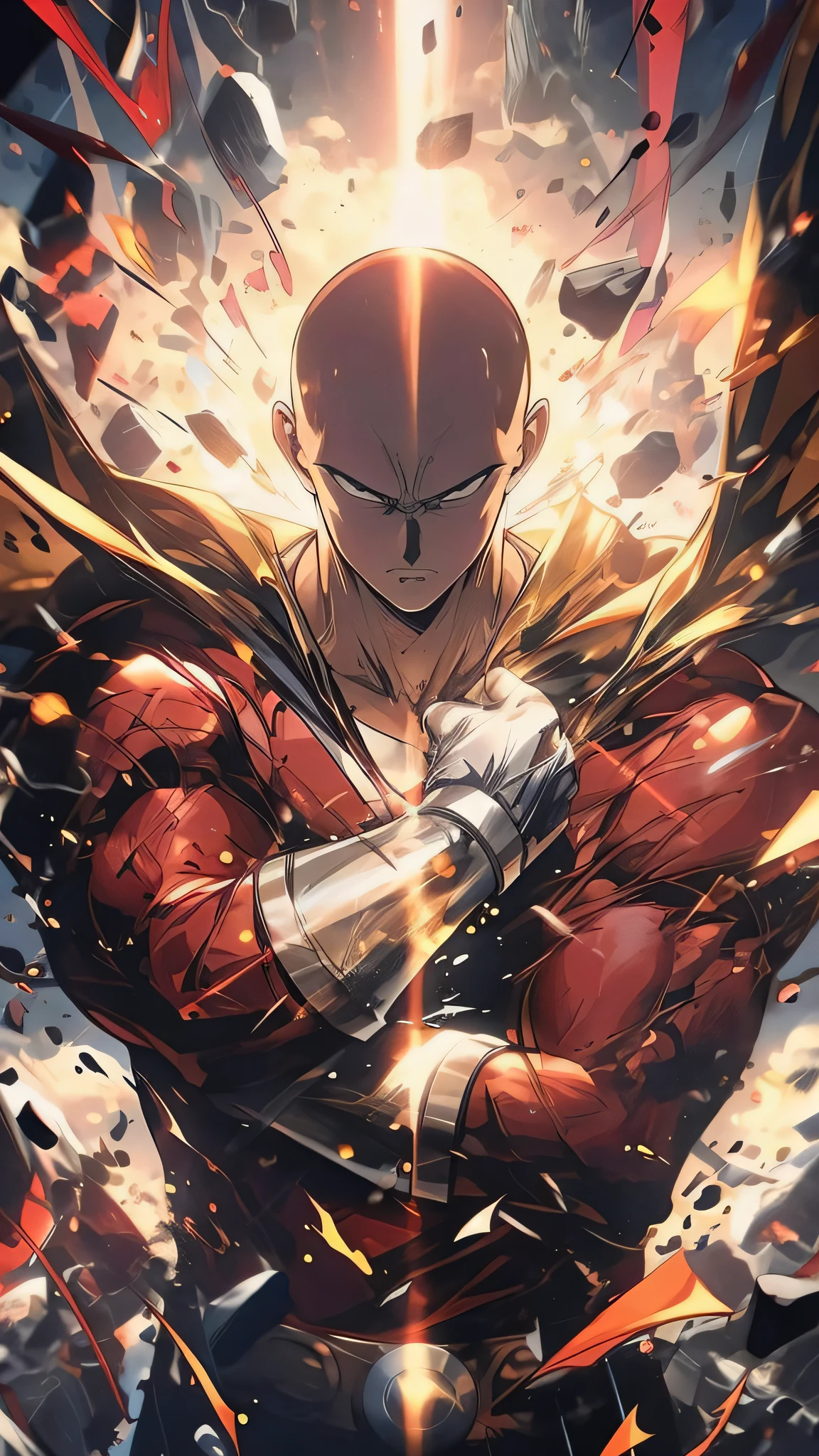 A man in a red suit is surrounded by fire and debris, One Punch Man, Манга One Punch Man, Шеф-повар Saitama One Punch Man, Saitama, Key Anime Visuals, such as Saitama, Handsome Saitama, Portrait of Saitama, official anime artwork, official arts, Handsome Saitama. Intricate, anime cover, anime epic artwork