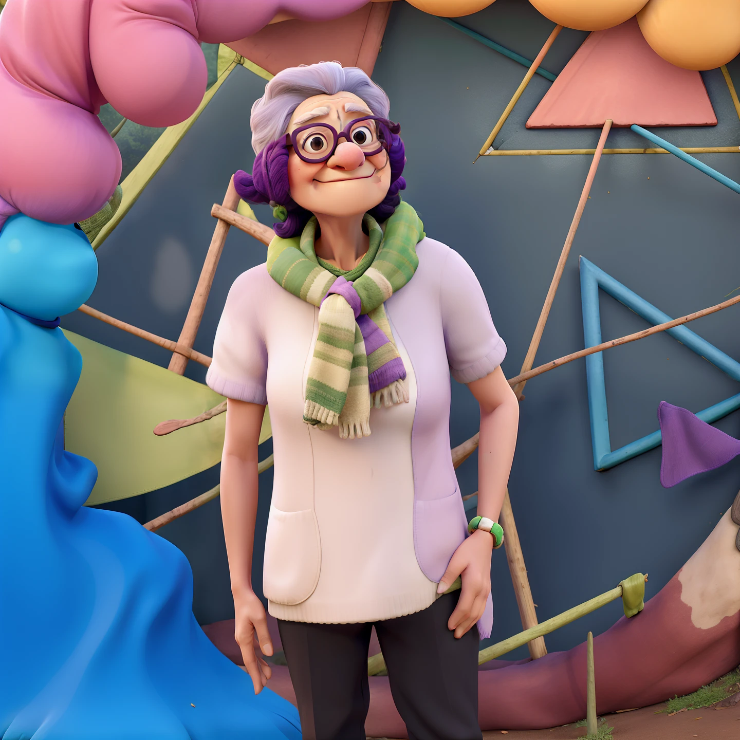 masterpiece, best quality, an old woman with glasses and a scarf on, wearing a purple coat and green scarf, standing at the park