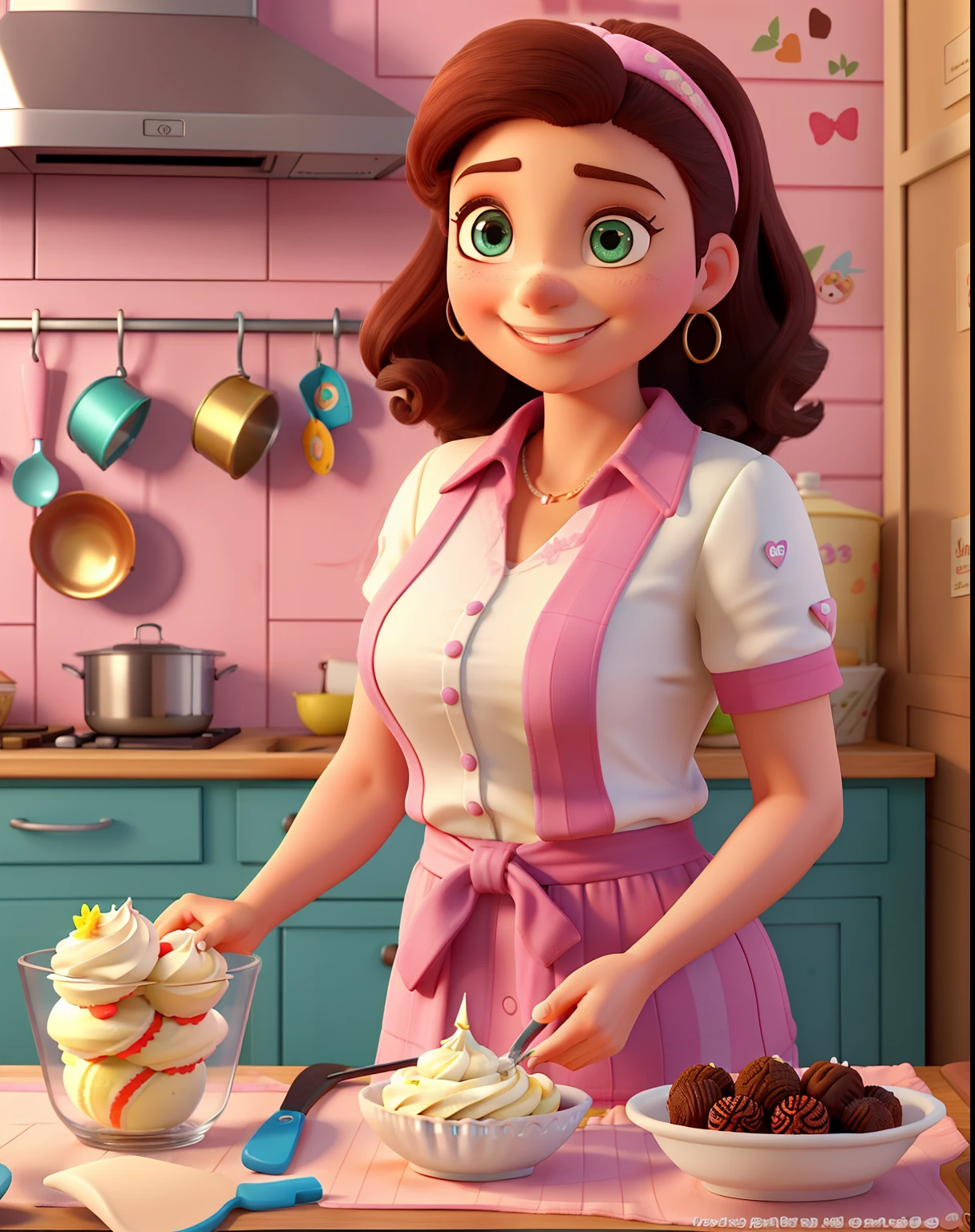 Poster 3D inspirado na Disney Pixar capturando uma cena com uma mulher de 40 anos, pele clara, olhos castanhos e cabelo comprido cacheado castanho claro , na boca sorridente batom marrom, vestindo um avental rosa claro, A kitchen with pink cabinets on the wall, e na outra parede com quadros, She's making a cream cake and has cupcakes and brigadeiros and a mixer on the table