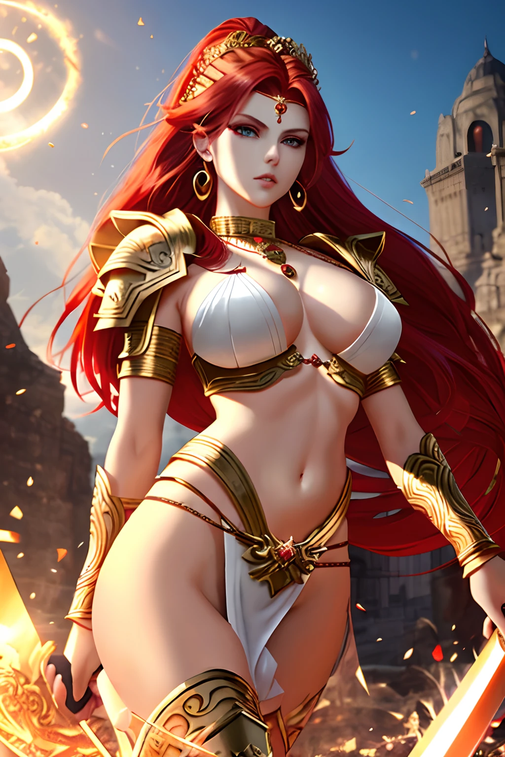 1 goddess of war, red fierce hair, beautiful eyes, perfect body, thin waist, white full body armour, epic background, in the heaven, beautiful eyes, ornaments in hair, looking at you, golden necklace, golden earrings, golden rings, positive vibes, high resolution, masterpiece, 8k, sword aura behind, halo above head