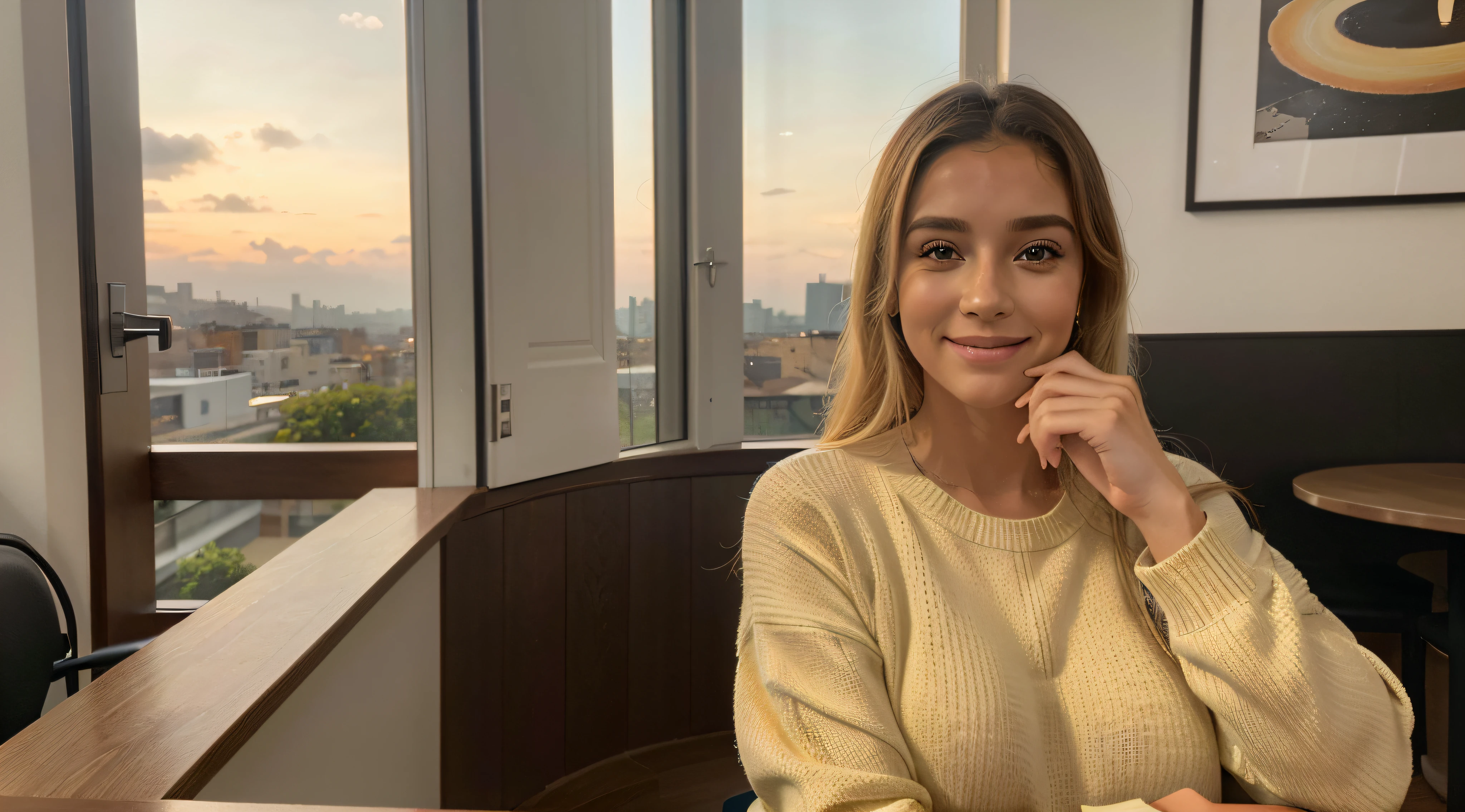 Cute beautiful blonde with yellow sweater (Drink coffee in a modern café at sunset), muito detalhado, 14 anos, Rosto inocente, cabelos naturalmente ondulados, olhos azuis, alta resolução, obra-prima, melhor qulaity, Detalhes intrincados, muito detalhado, foco nítido, Pele detalhada, texturaa de pele realista, textura, Olhos detalhados, Profissional, 4k, sorriso encantador, tirada com Canon, 85 millimeters, Profundidade de campo leve, Cor Kodak Vision, Corpo perfeitamente ajustado, Extremamente detalhado, fotografia_\(Ultra\), fotoRealistisch, Realistisch, Post-processing, maximum details, Rugosidade, vida real, Ultrarrealista, fotografiarrealismo, fotografiagrafia, 8k UHD, fotografiagrafia