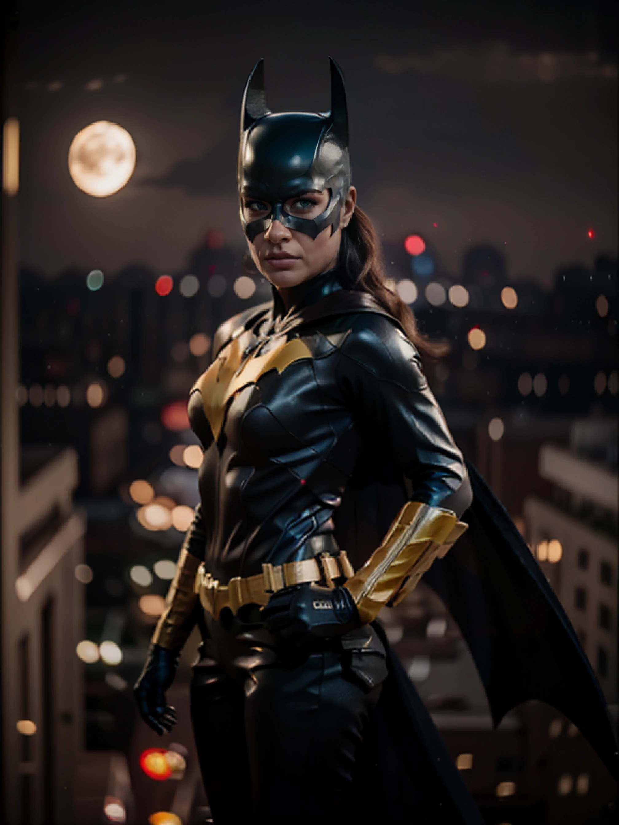 Batgirl, batgirl mask, superheroe pose, angry face, imponent, at night, top of building, Upper body, watching the city, f 1. 2, sharp focus, 8 k high definition, fisheye lens. planeando sobre la ciudad, full moon. calidad alta, grey eyes, blurry background, blur, from back