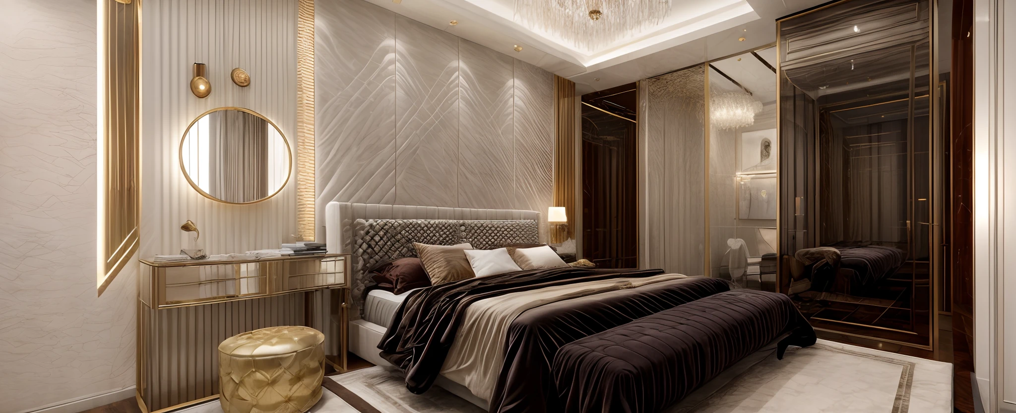 bedroom,luxury, bed, rug, cozy lighting from chanderlier, (flat ceiling), inox gold line