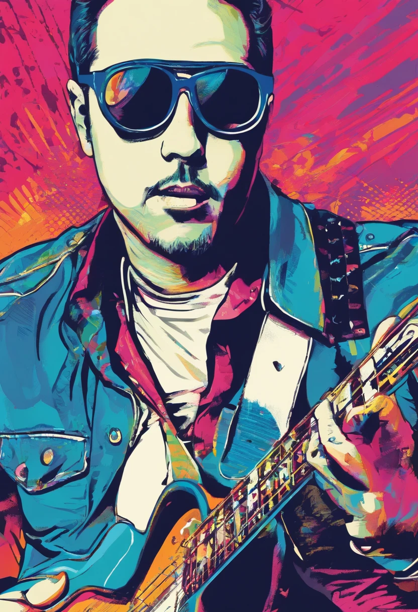 un guitarrista con nariz grande, gafas y camisa blanca con azul y azul oscuro, Imagen frontal gordita, staring directly into camera, Foto selfie 8k, con gafas, staring directly into camera, foto realista, staring directly into camera, staring directly into camera, con gafas puestas, Imagen de muy baja calidad, Watching from the camera, Con gafas, about 39 years old, tocando guitarra les paul