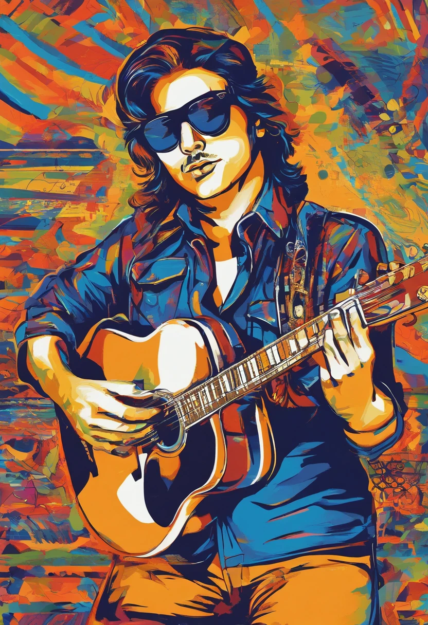un guitarrista con nariz grande, gafas y camisa blanca con azul y azul oscuro, Imagen frontal gordita, staring directly into camera, Foto selfie 8k, con gafas, staring directly into camera, foto realista, staring directly into camera, staring directly into camera, con gafas puestas, Imagen de muy baja calidad, Watching from the camera, Con gafas, about 39 years old, tocando guitarra les paul