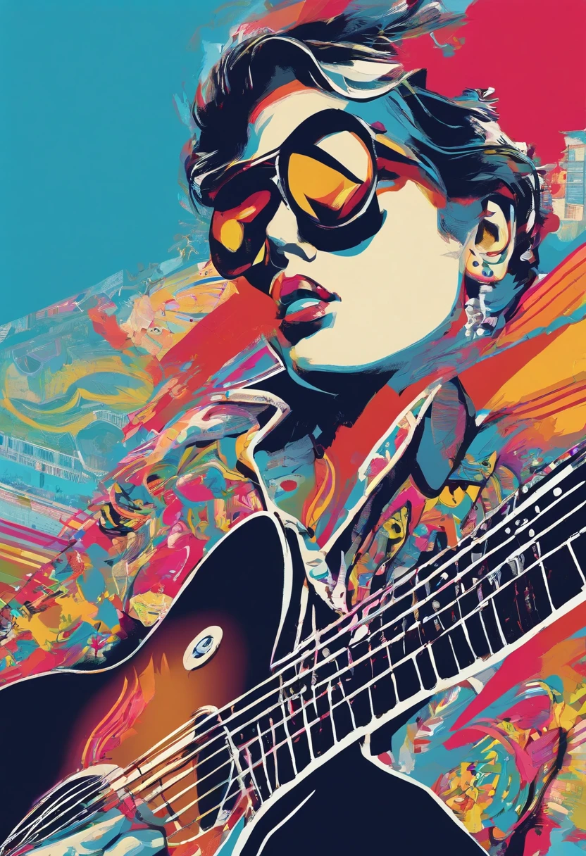 un guitarrista con nariz grande, gafas y camisa blanca con azul y azul oscuro, Imagen frontal gordita, staring directly into camera, Foto selfie 8k, con gafas, staring directly into camera, foto realista, staring directly into camera, staring directly into camera, con gafas puestas, Imagen de muy baja calidad, Watching from the camera, Con gafas, about 39 years old, tocando guitarra les paul