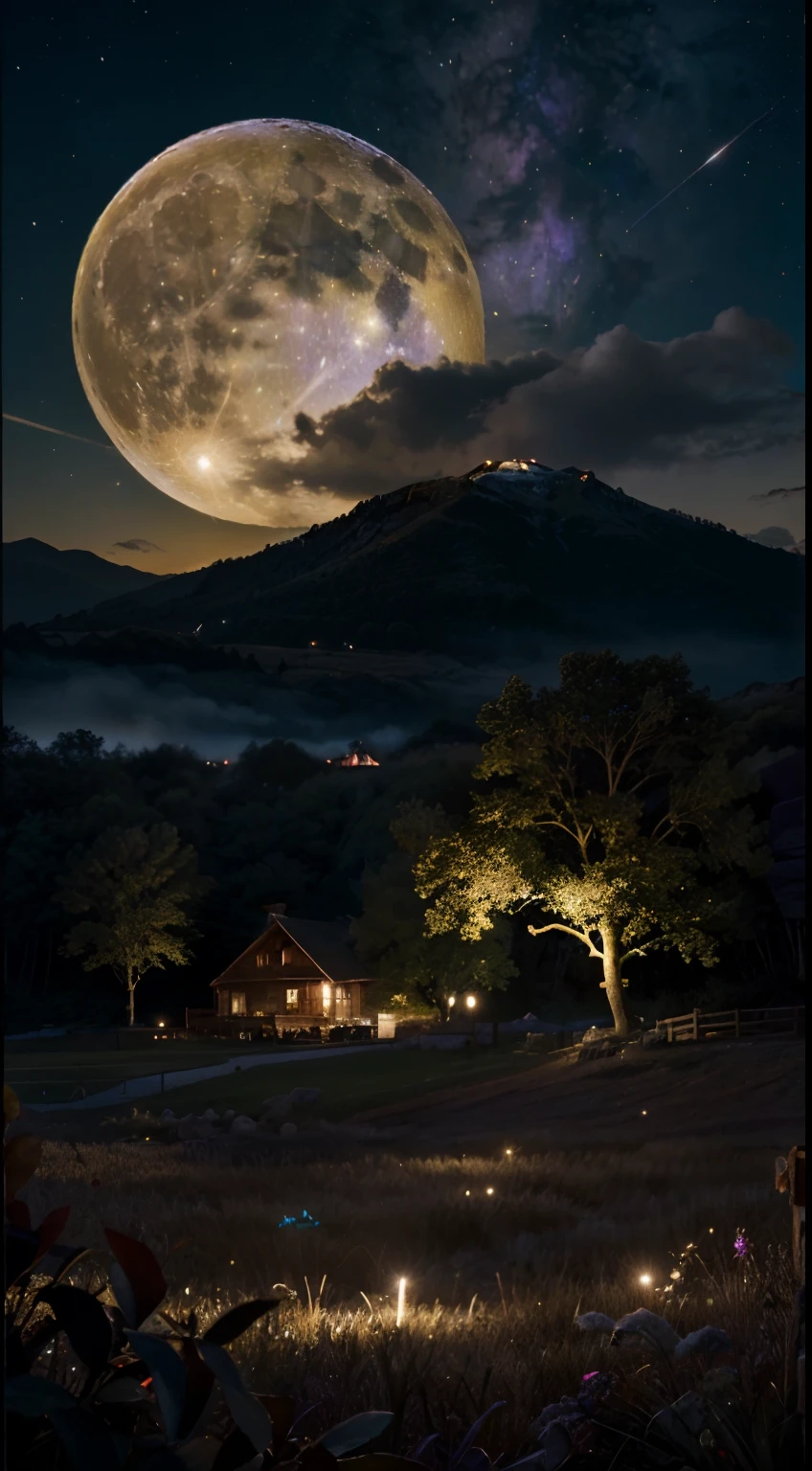 Vast landscape photos、(The sky is up as seen from below、The field is down)、(fullmoon:1.2)、(meteors:0.9)、(nebulas:1.3)、mountain in the distance々、The tree々 BREAK Craft Art、(warm light:1.2)、(fireflys:1.2)、A light、Lots of Purples and Oranges、intricate detailes、voluminous lighting、Realism BREAK(​master piece: 1.2), (Top image quality), 4k, The ultra-detailliert, (dynamic compositions: 1.4), ighly detailed, Colorful Detail, (Rainbow Color: 1.2), (Glow Lighting, Atmosphere Lighting), dream-like, Magical, (独奏: 1.2)
