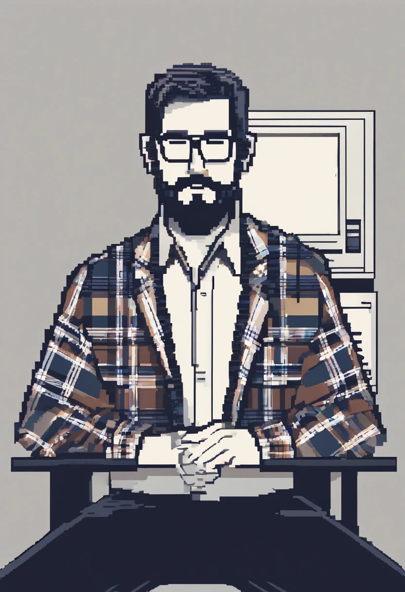 It adds a few things to this image for me. He wears a pair of gradient Rayban aviator sunglasses, a short beard, a little gray at the chin, wearing a plaid shirt with elbow-length sleeves, sitting behind an office desk.
