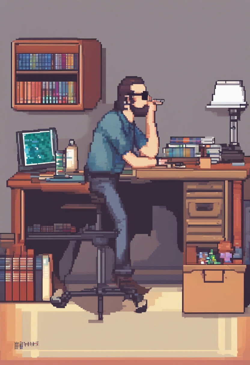 It adds a few things to this image for me. He wears a pair of gradient Rayban aviator sunglasses, a short beard, a little gray at the chin, wearing a plaid shirt with elbow-length sleeves, sitting behind an office desk.
