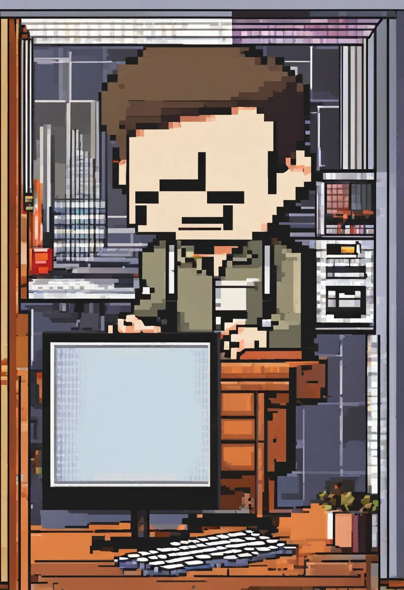 It adds a few things to this image for me. He wears a pair of gradient Rayban aviator sunglasses, a short beard, a little gray at the chin, wearing a plaid shirt with elbow-length sleeves, sitting behind an office desk.