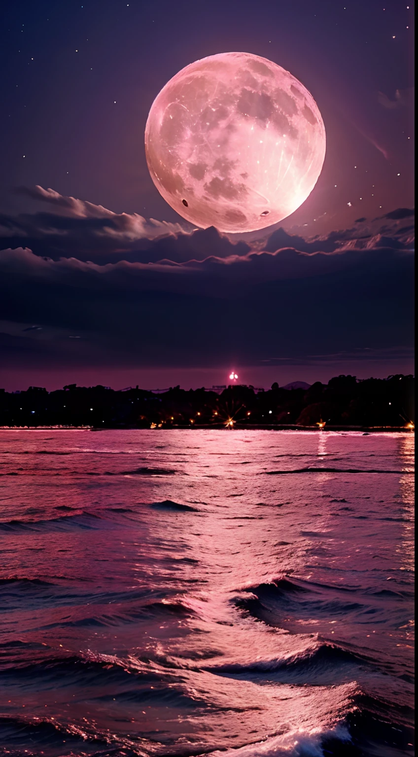 Pink moon, pink sky, soft pink clouds, pink ocean waves sparkling, sparkling, pink roses on pink ocean, fantasy, diamond, crown, universe, soft lights,