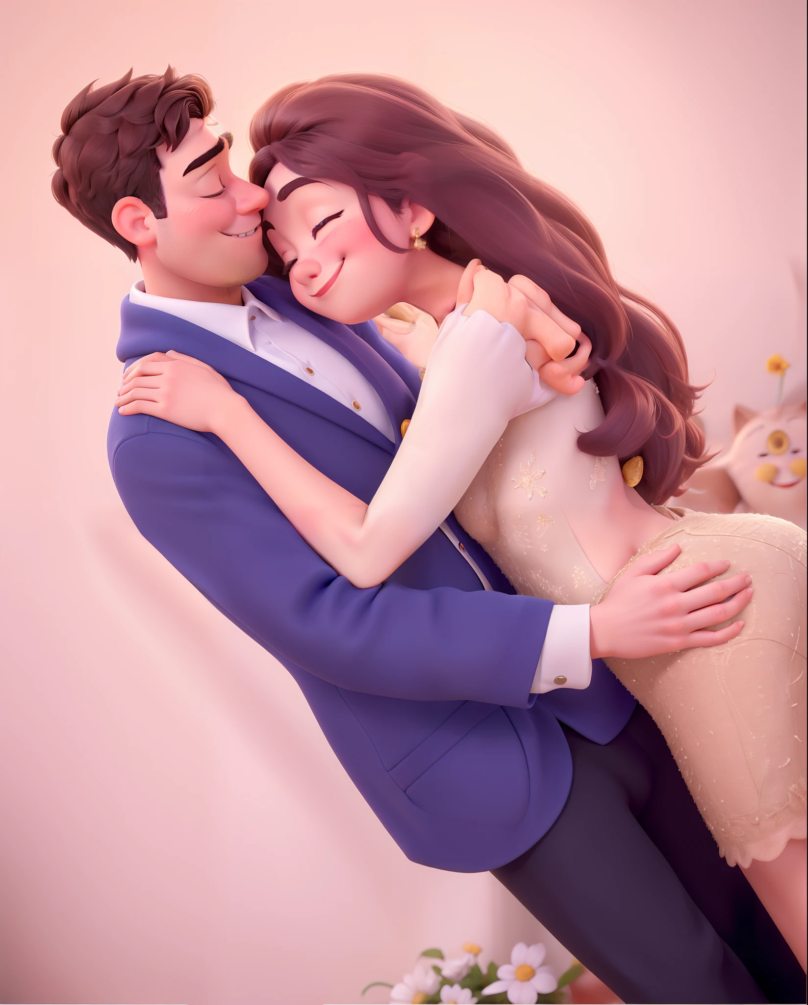 Estilo pixar, alta qualidade. He's got his eyes closed kissing her forehead without showing his teeth. She's got her eyes closed and smiling without showing her teeth. Vestido dourado com pedras.