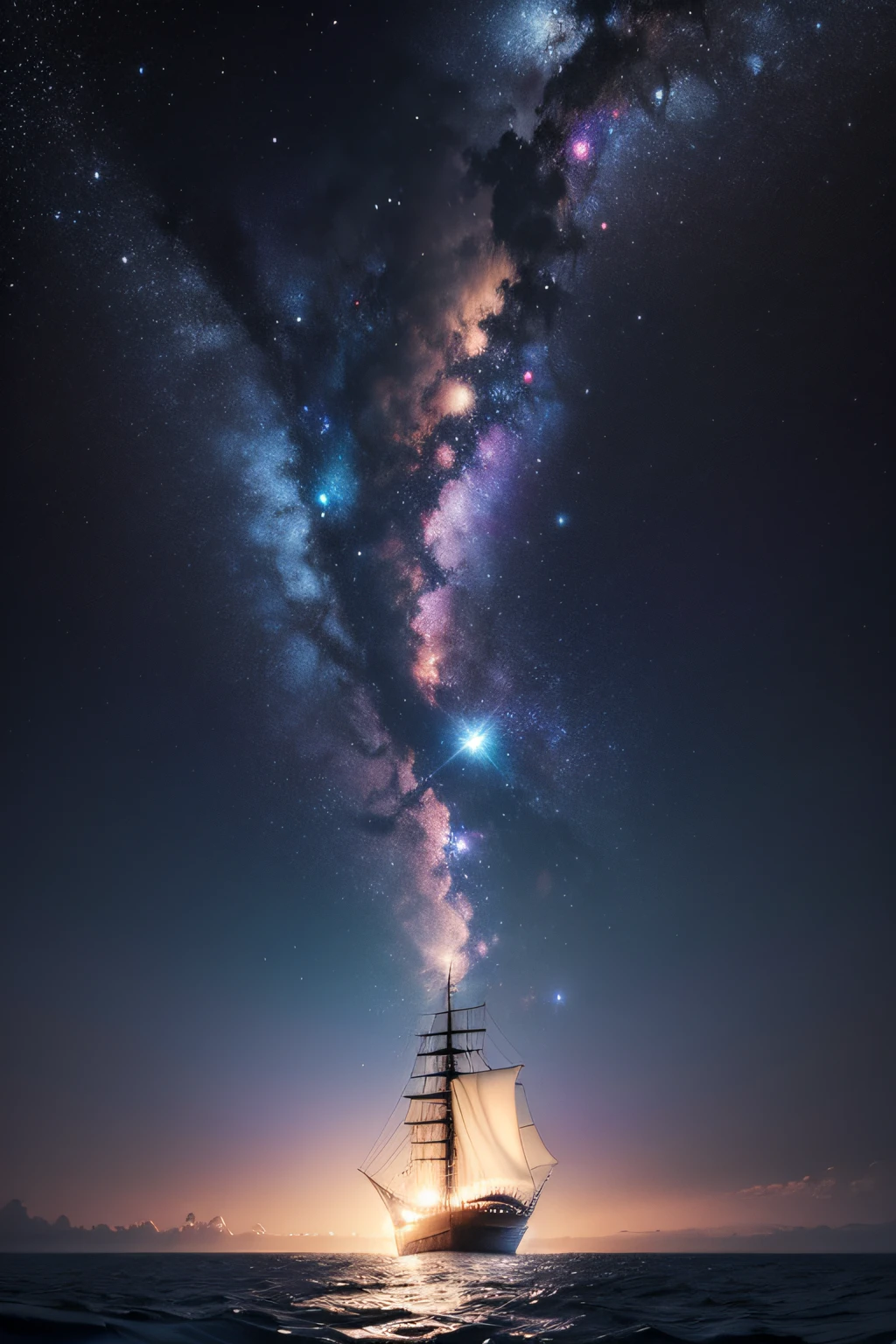 Une vue détaillé et texturé de la galaxie et des planètes depuis une barque sur un magnifique étang ou l'on voit le reflet sur l'eau