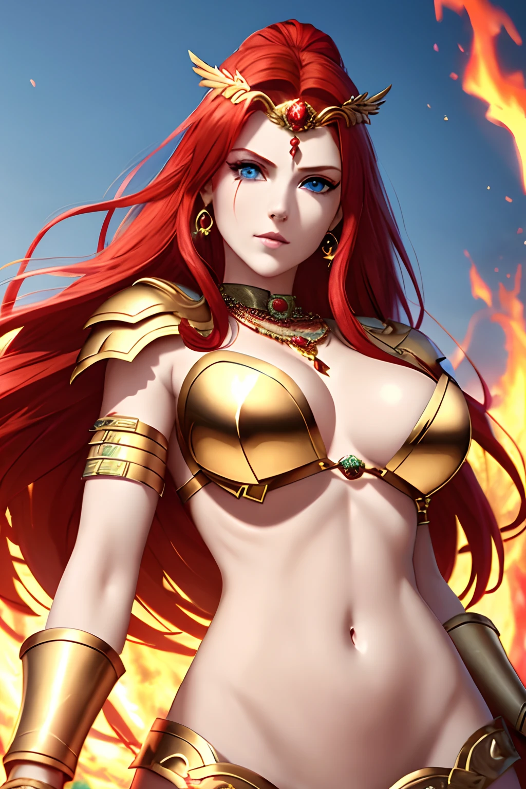1 goddess of war, red fierce hair, beautiful eyes, blue eyes, perfect body, thin waist, white full body armour, epic background, in the heaven, beautiful eyes, ornaments in hair, looking at you, golden necklace, golden earrings, golden rings, positive vibes, high resolution, masterpiece, 8k, halo above head, fire in the background