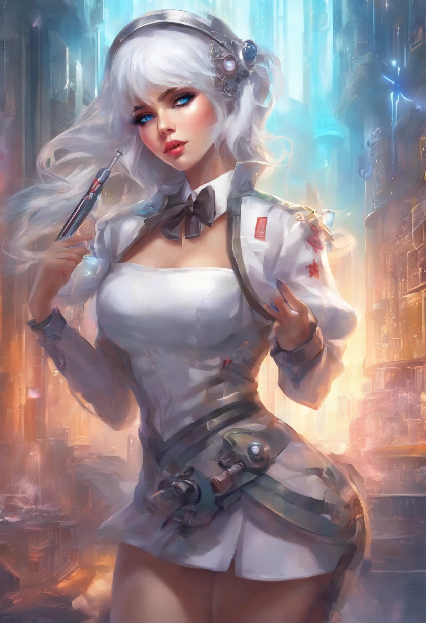 Cyberpunk style lolita glasses girl white hair blue eyes tight nurse uniform B cup extrusion dew point white stockings white high heels holding an injection syringe in the hand background in a cyberpunk mechanical hospital full-body angle