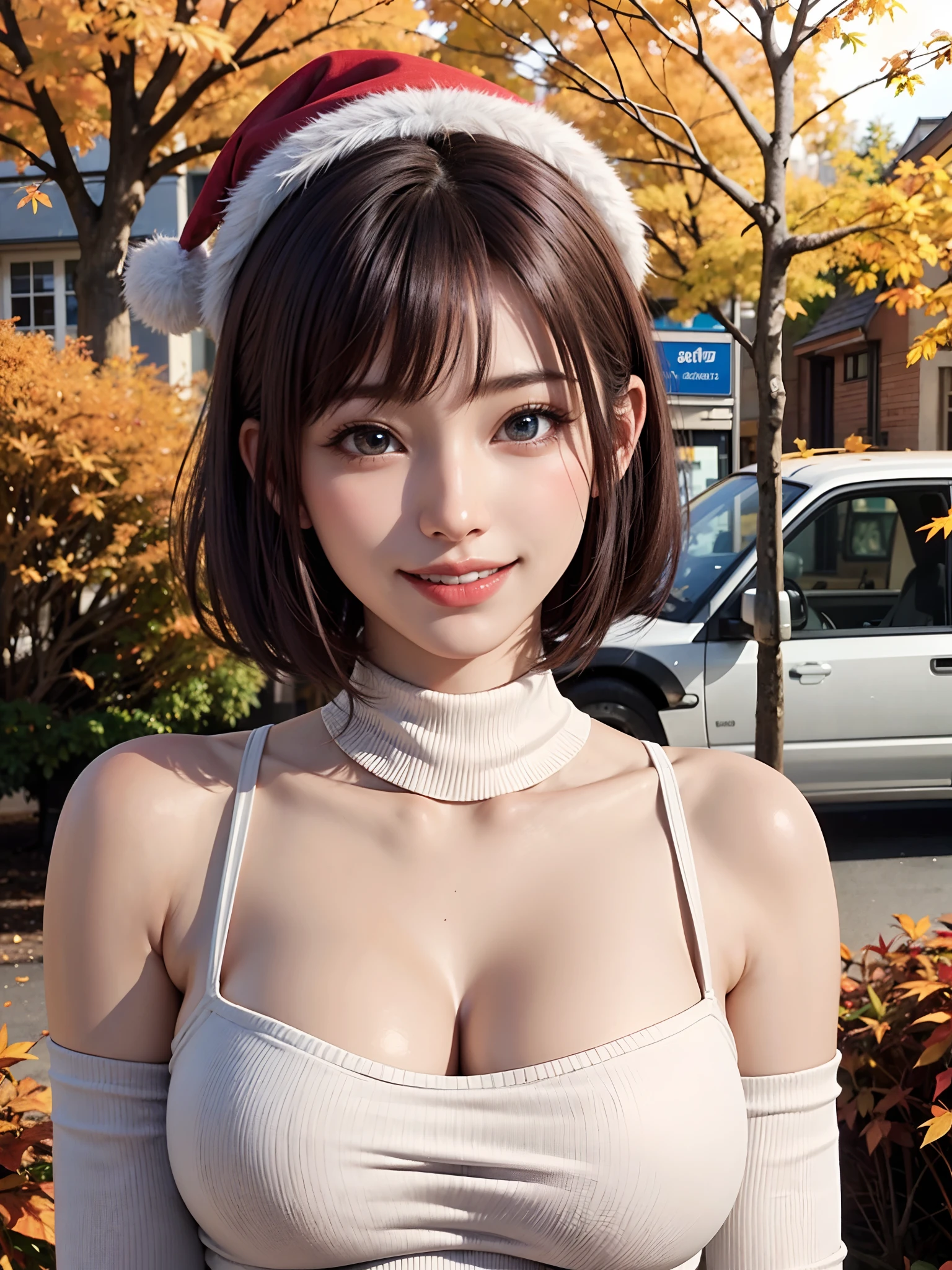 (masutepiece:1.4, top-quality、Very attractive adult beauty with a very cute smile:1.4、Add intense highlights to the eyes:1.4、Look firmly at the camera、Beautiful woman full of adult charm:1.4),1girl in, 独奏, Light brown shiny hair, muffler,Santa Claus hat:1.4,realisitic, looking at the viewers, Bright colored crystal light blue eyes:1.4, short shiny hair, Santa Claus Starneck Knit、 Red and white costume of Santa Claus in turtleneck with round hole in the center of the chest:1.4,Sexy red and blue turtleneck knit sweater with round hole in the center of chest:1.4、 s lips, lipgloss:1.4,bangss, The upper part of the body、big eye、Lashes、The face is a little red:1.4、Embarrassing)、((Canadian tree-lined avenues in autumn:1.4))、((Shorthair with bangs、big eye、Put very strong highlights in your students:1.4、{Gigantic|Big|Huge|Mega} breasts:1.4、very Bigger breasts、gazing at viewer、Very beautiful beauty、Put your ears out:1.4、long neck:1.4、little smiling、Beautiful teeth、Open your mouth and smile:1.4))、28 year old:1.4、Very cute supermodel:1.4、