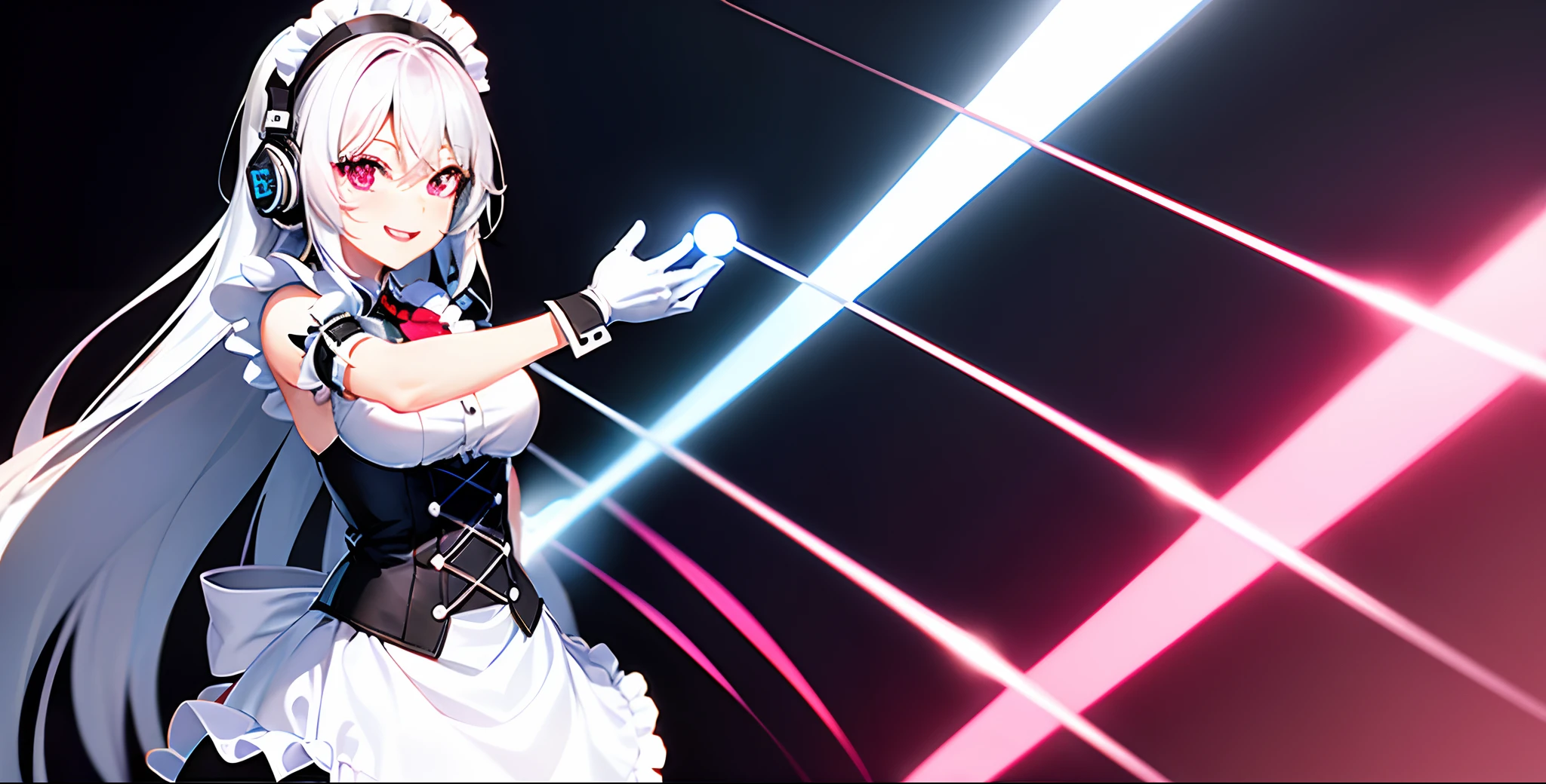 (Happy eyes: 1.8) (The left eye is blue: 1.5)(The right eye is red: 1.5) (Looking forward: 1.5) Anime character in black and white costume and headphones, anime girls in maid costumes, Cool 3D Anime Girl Rendering, anime girls in maid costumes, maid clothes, gorgeous maid, white haired god, Blue and Red Odd-Eye, White the_gloves