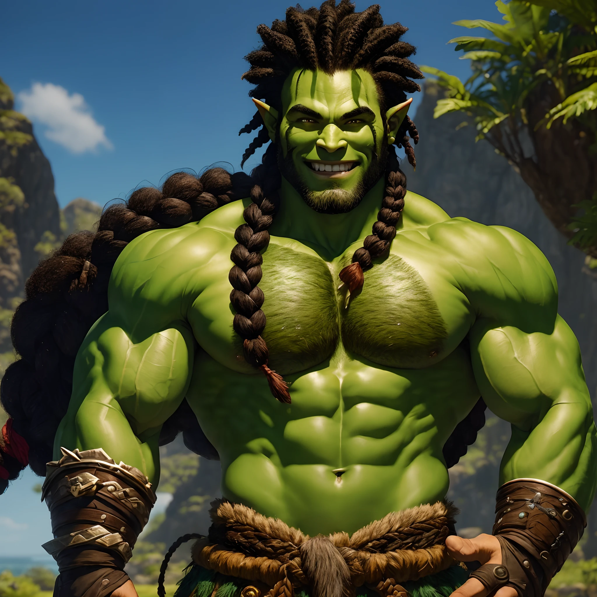 Braided Hair, Half-Orc, Deep Green Skin, DND, Barbarian, smiling, carefree, shrugging, Male, Afro Hair